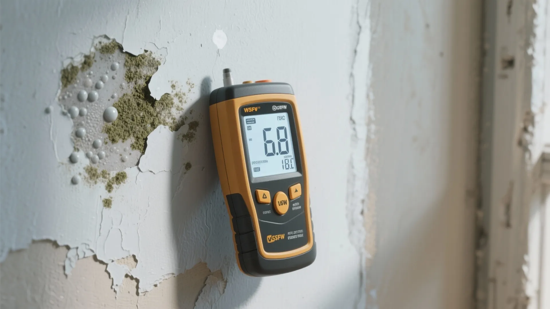 Digital moisture meter held against a damaged wall showing high readings for home repair assessment
