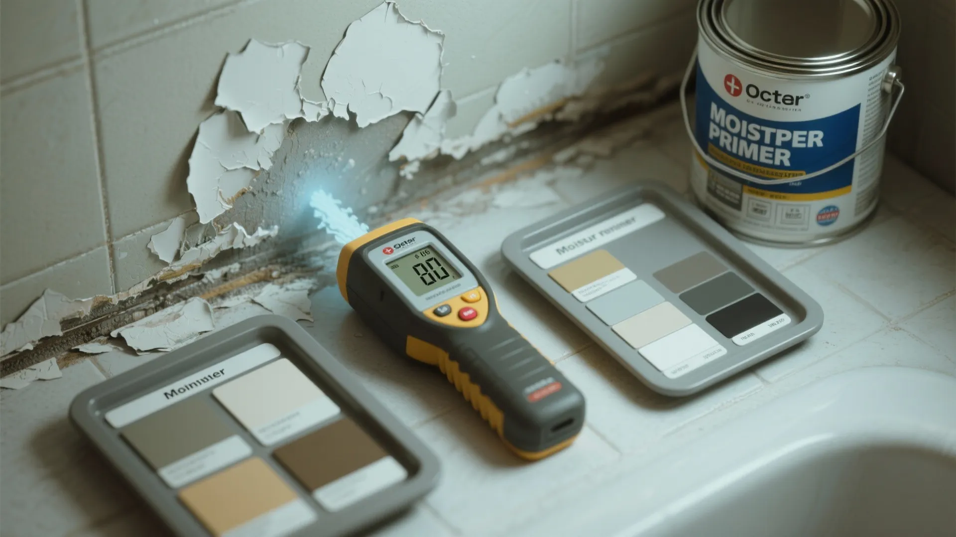 Digital moisture meter checking a peeling wall near paint cans and various color sample cards