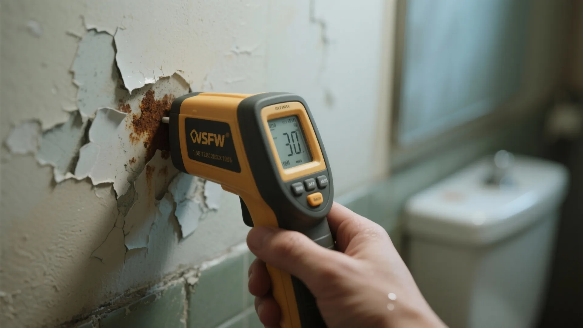 Hand holding yellow moisture meter tool against a peeling wall with rust inside a bathroom