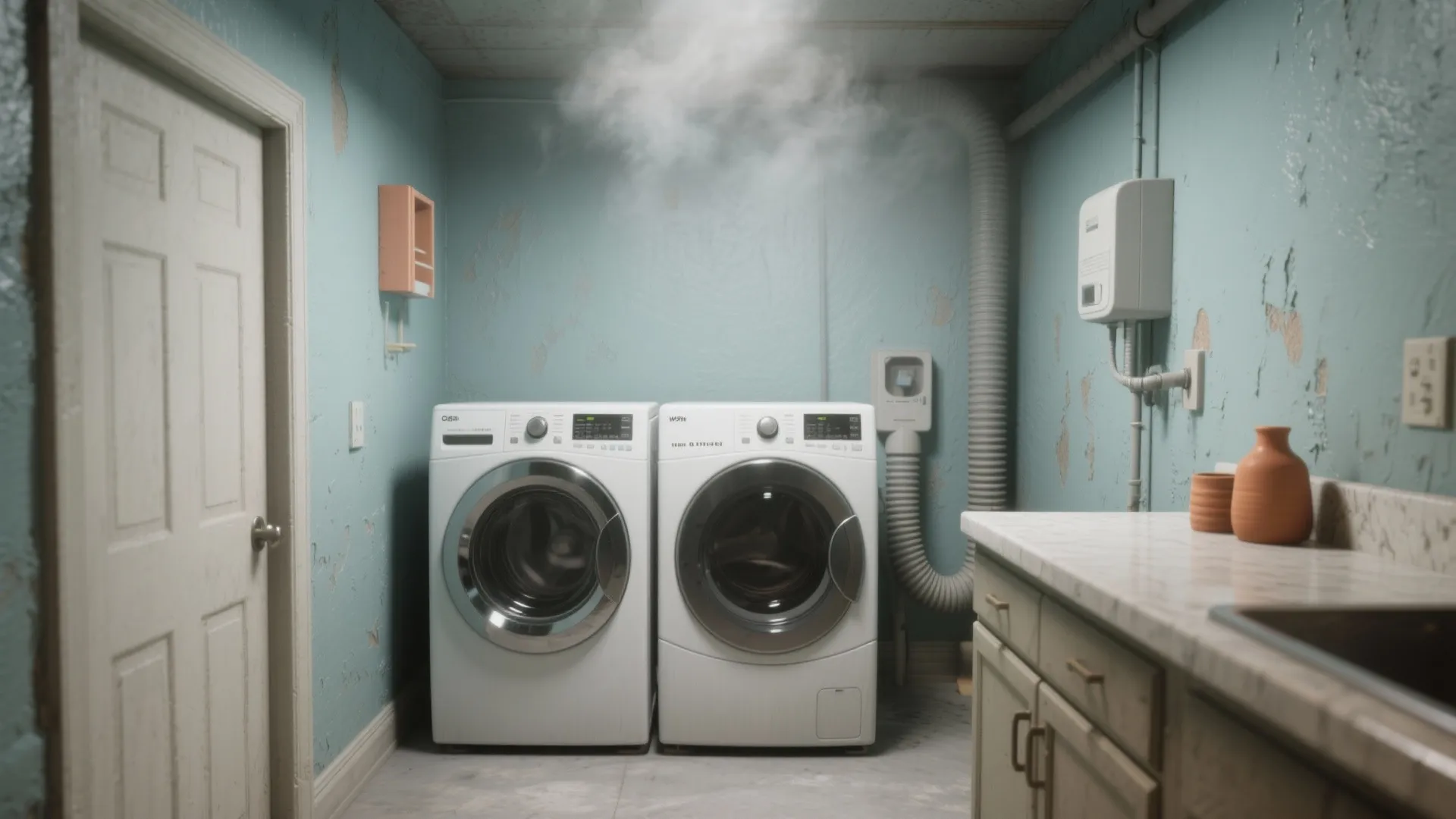 Basement laundry with dusty blue mildew-resistant paint and soft sage accents under overcast light.
