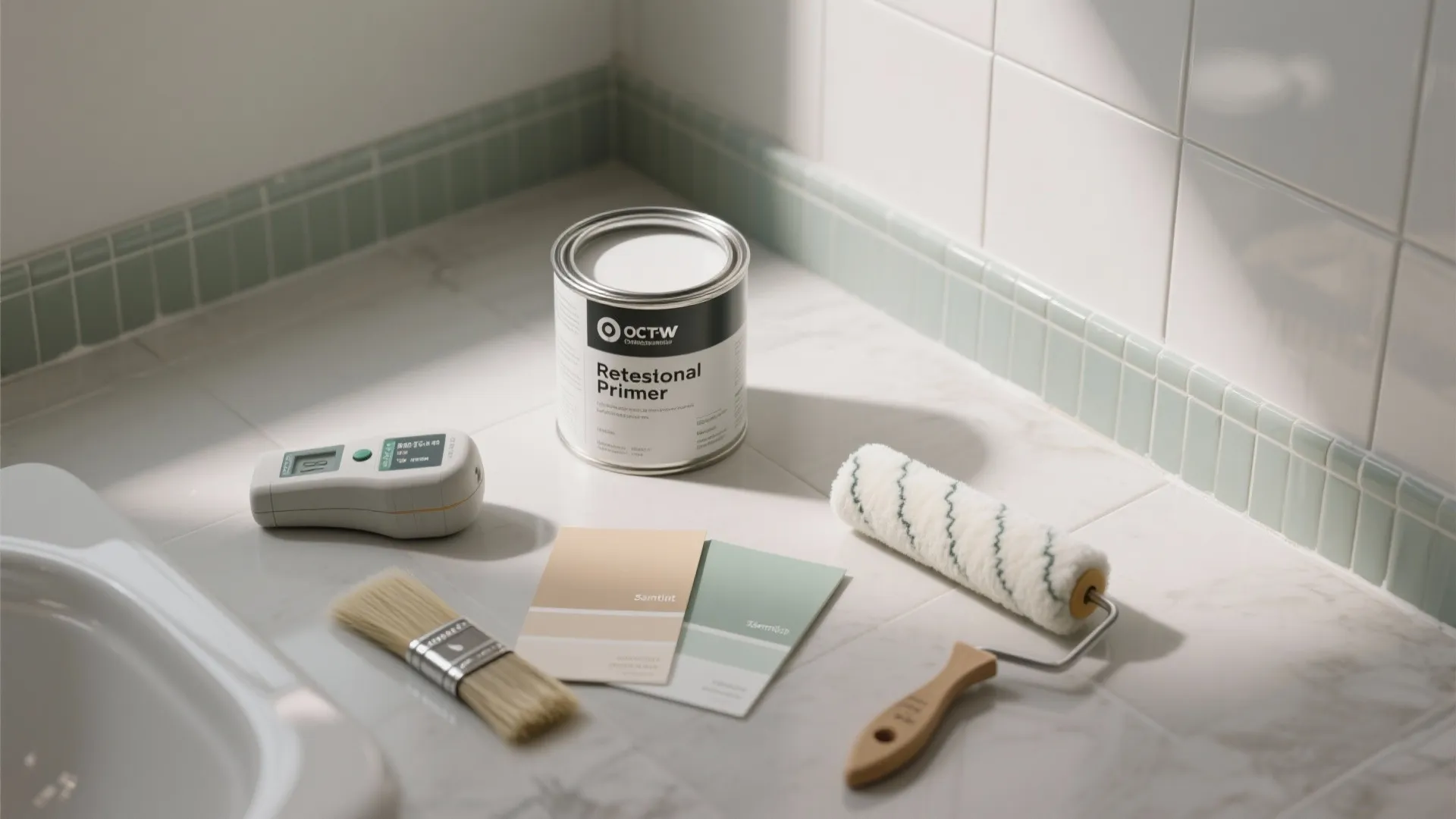 Paint primer can roller brush color cards and moisture meter on a white tiled surface