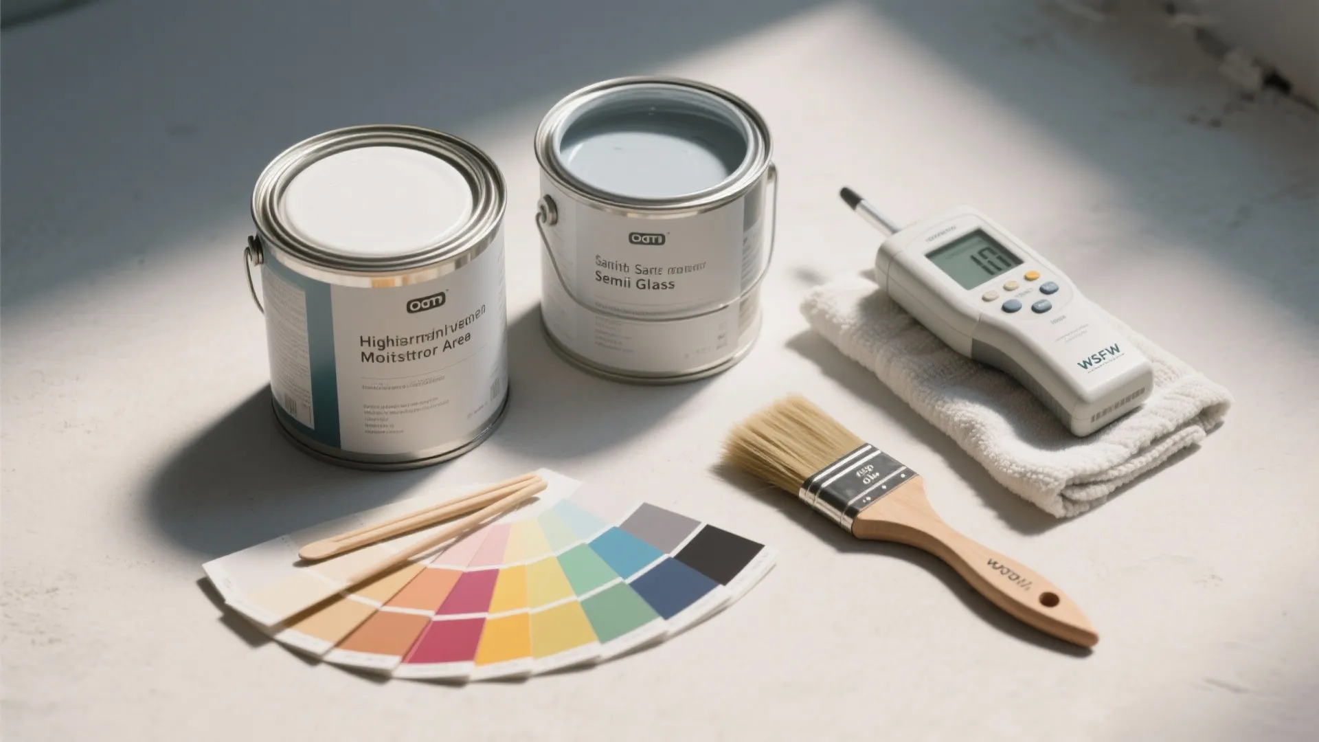 Interior painting supplies including two paint cans color swatches brush towel and a digital meter