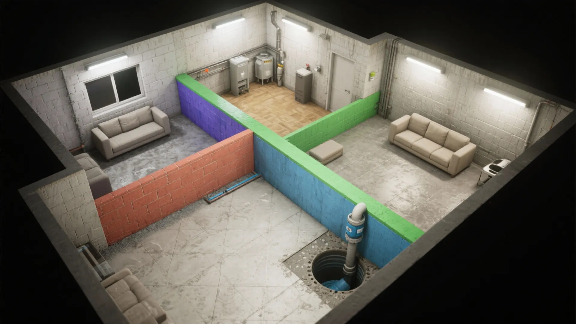 Top-down view of basement showing moisture-resistant zones, waterproof finishes, and utility area.