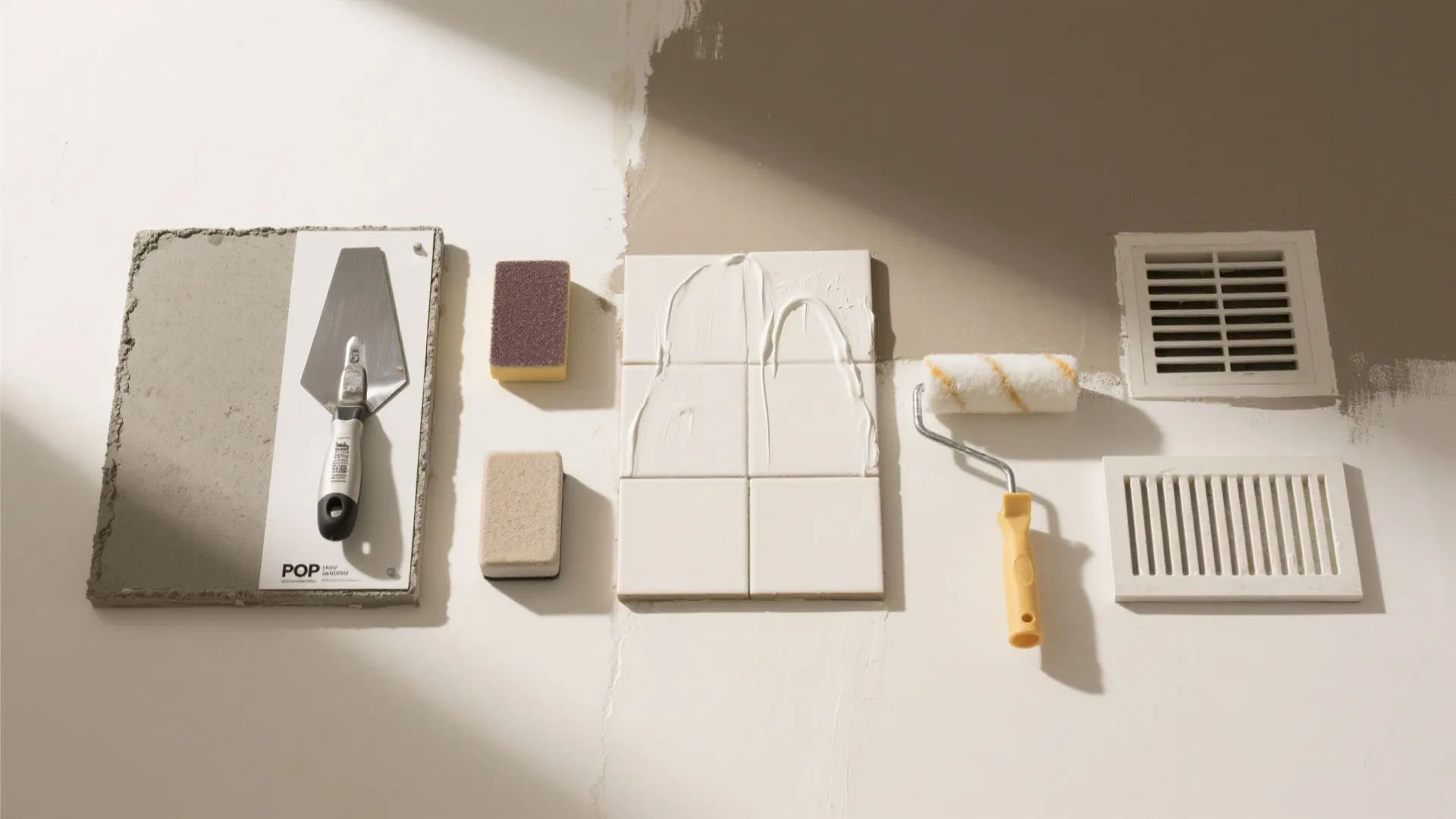 Various home improvement tools including a trowel sponges tiles and a paint roller on wall
