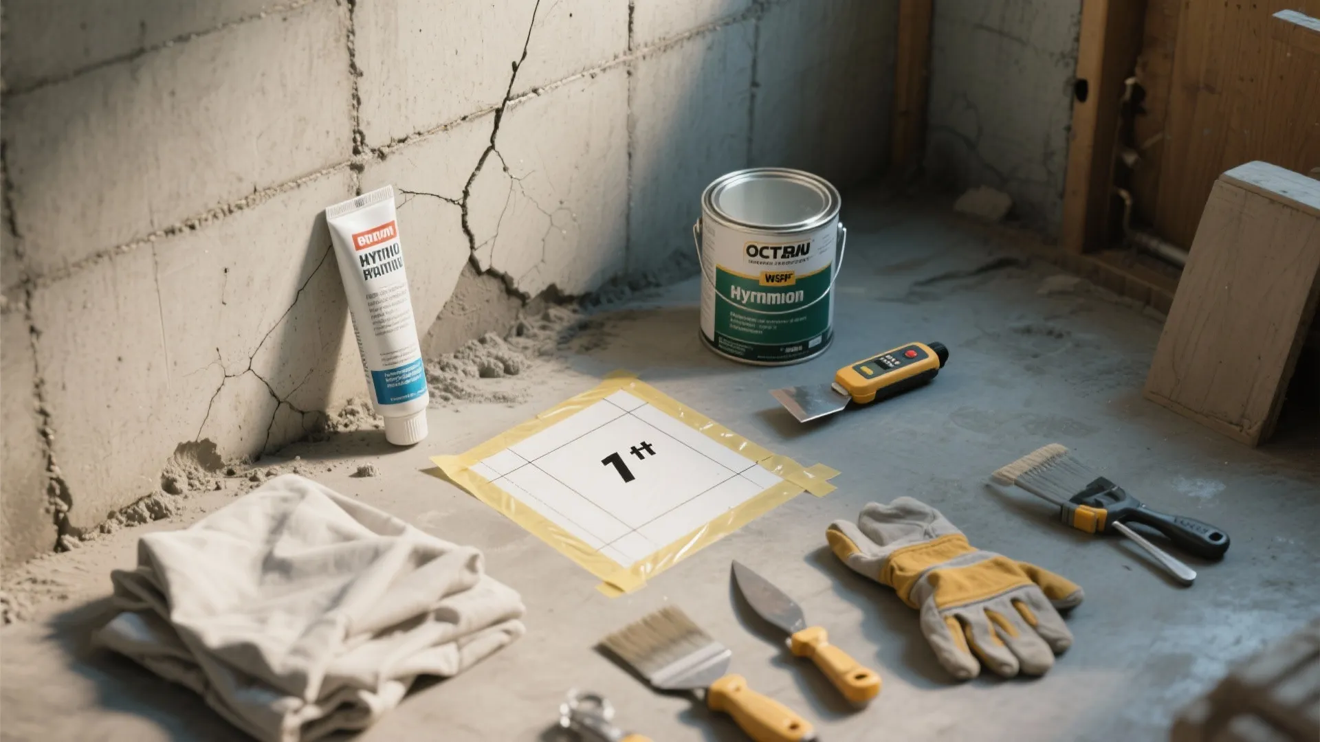 Construction tools including paint can and sealant tube on concrete floor near a cracked wall