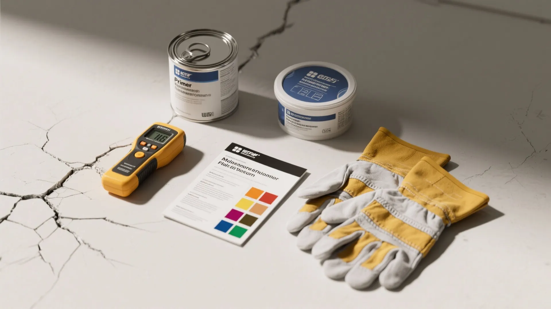 Flatlay of primer cans, moisture meter, color swatches and safety items for diagnosing and repairing paint cracks.