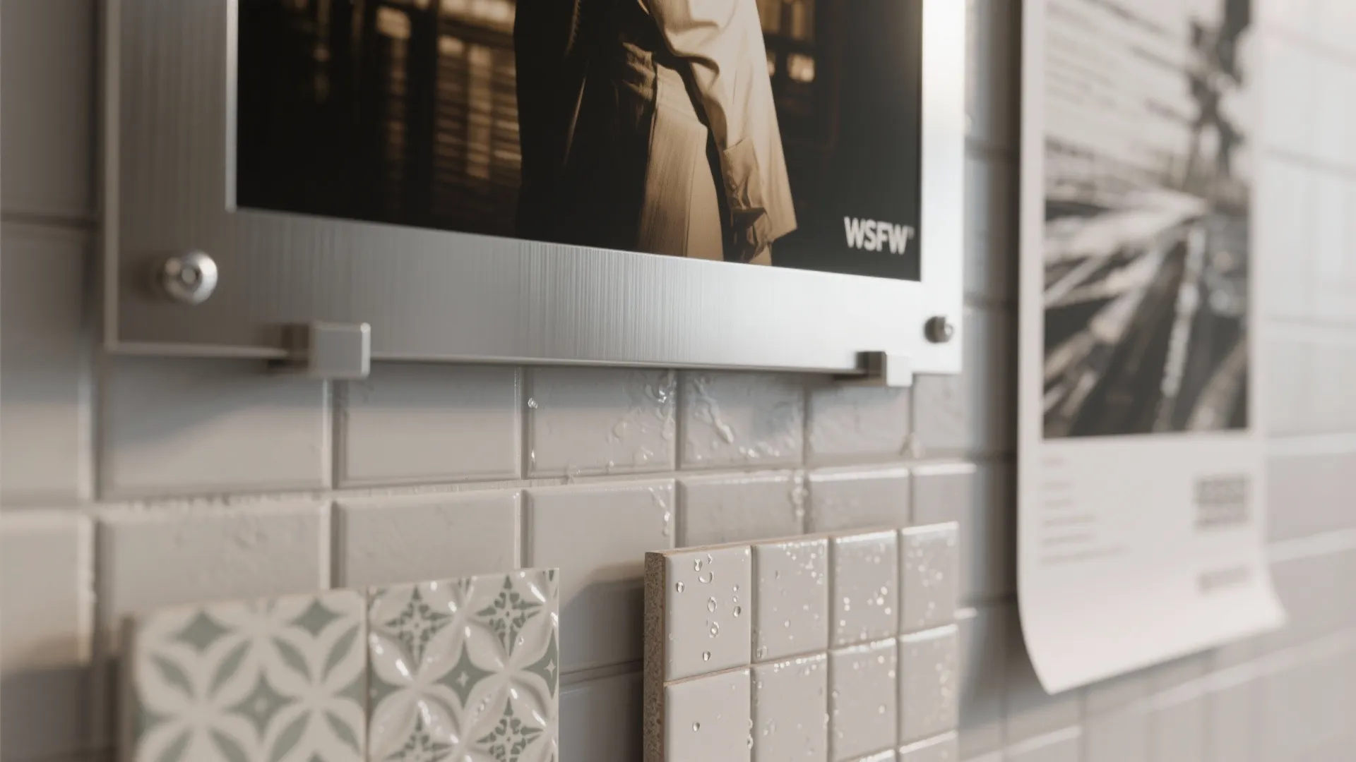 Close up of white wall tiles with water drops near a metal frame and bathroom art