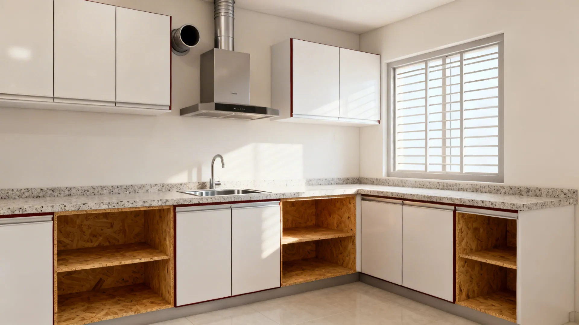 Unfinished white kitchen interior with marble countertops stainless steel sink and exposed wooden cabinet frames