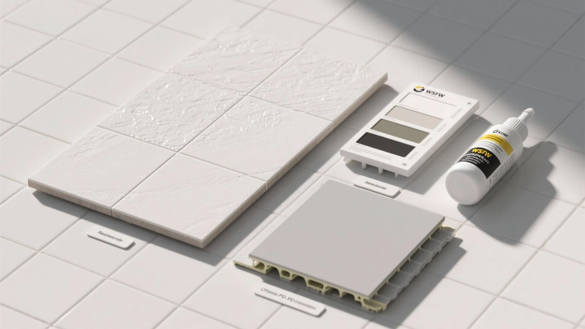 Collection of white floor tile samples with color palette and glue bottle on a tiled floor