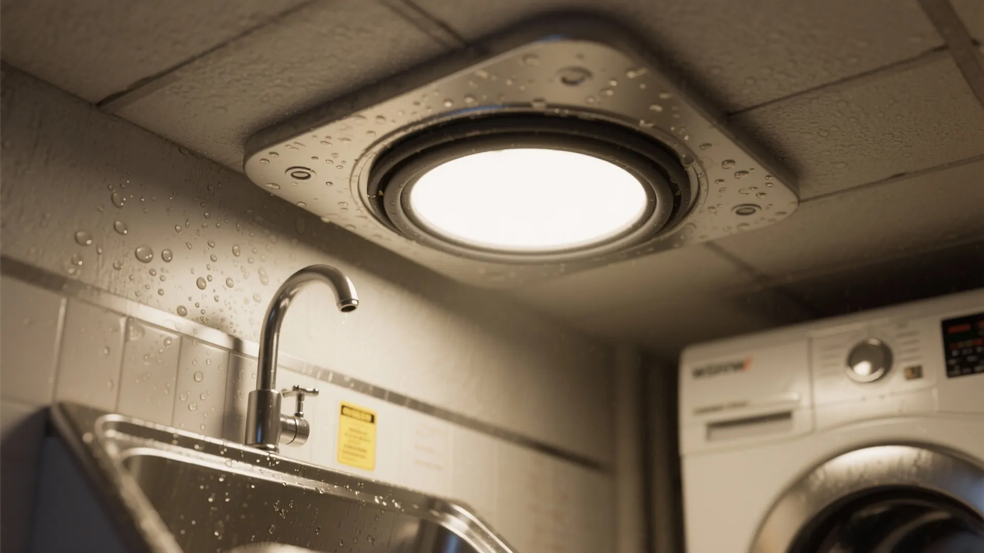 Waterproof ceiling light fixture installed above a laundry room sink with water drops on surface