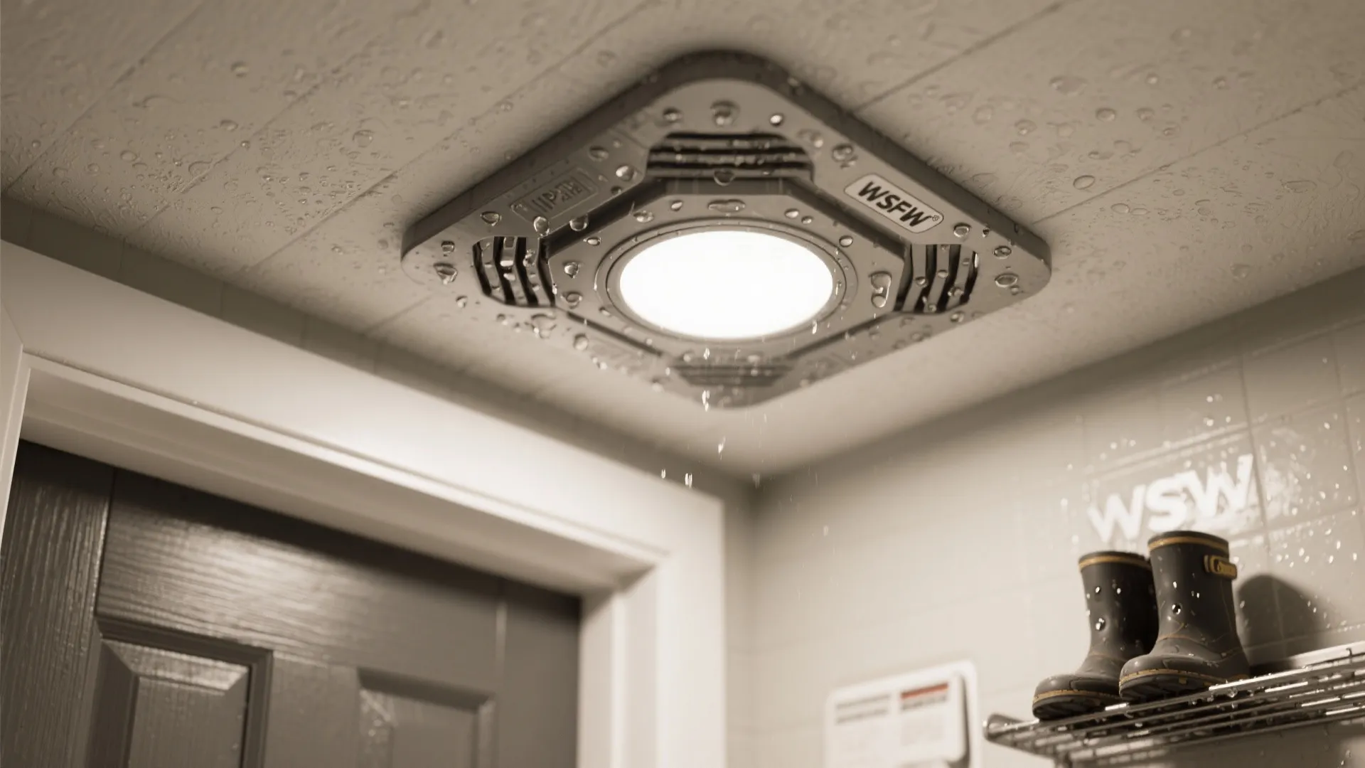 Waterproof square ceiling light fixture with water droplets in a humid bathroom or a laundry room