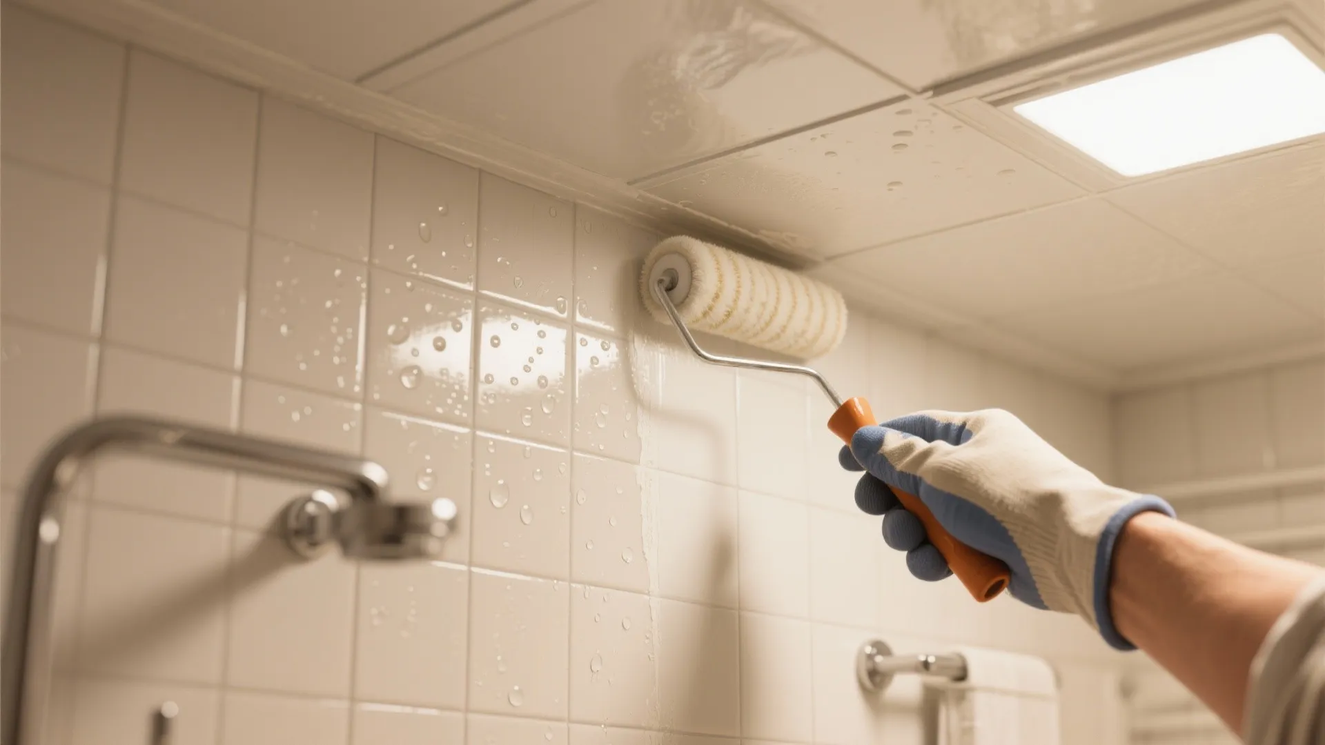 Bathroom ceiling with a semi-gloss moisture-resistant finish being painted near tiled walls.