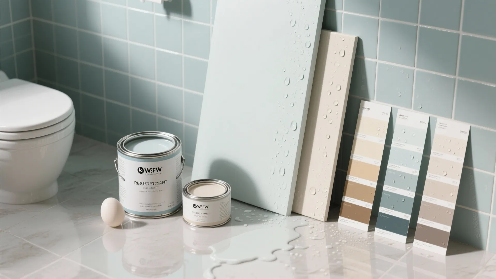 Waterproof paint cans and color samples on bathroom floor showing water droplets and blue tiles