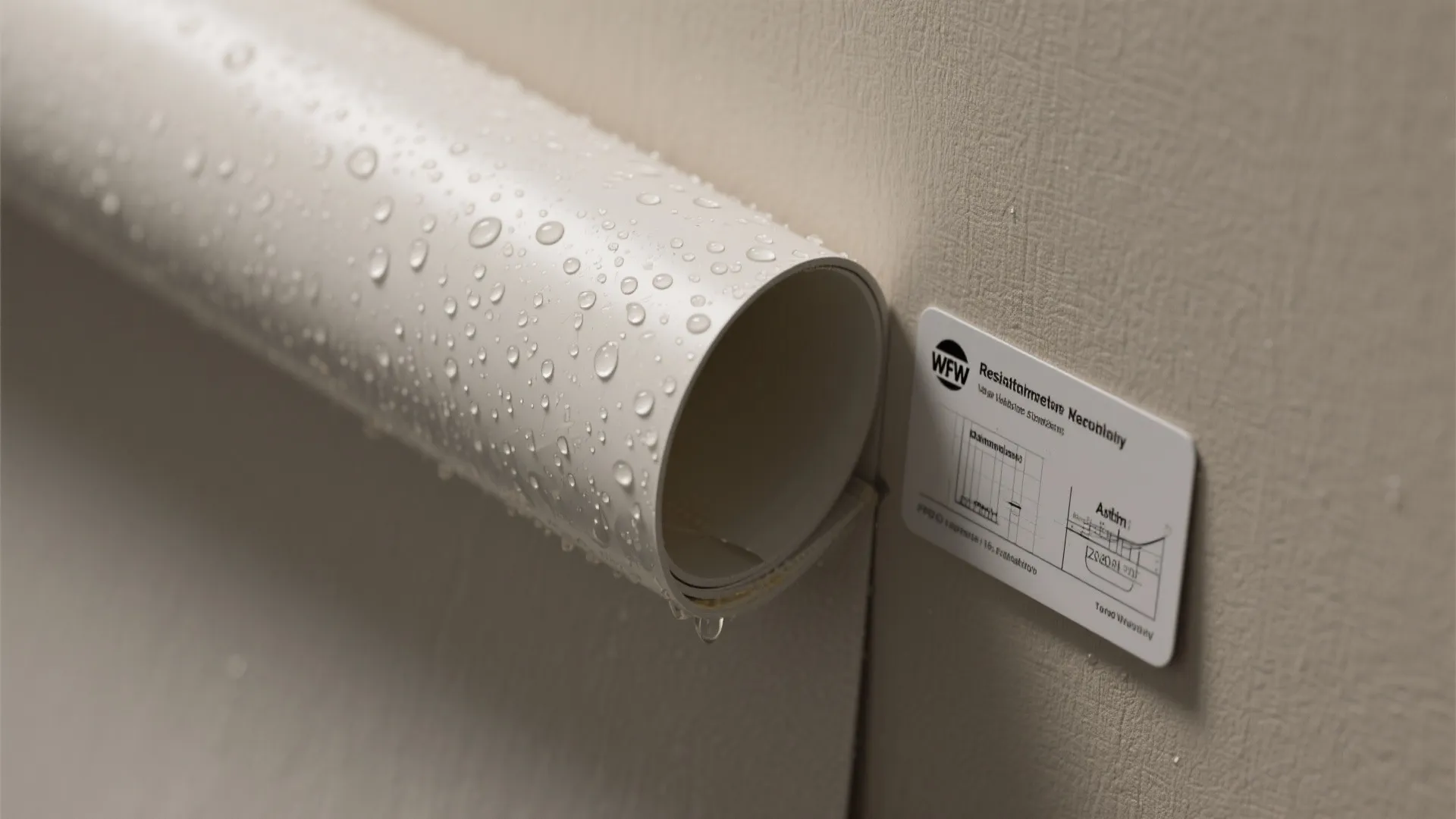 Close up of waterproof white wall material with water droplets showing high moisture resistance quality