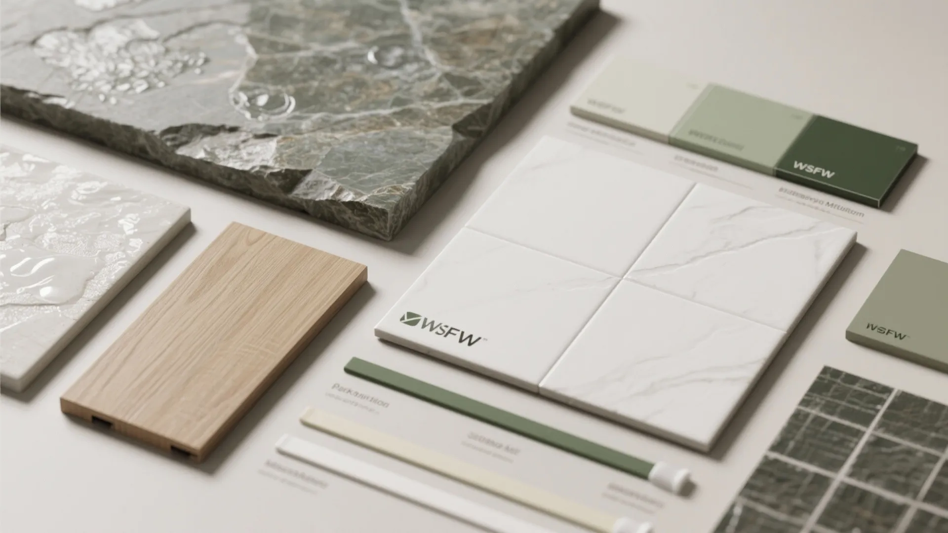 Interior design material samples including green stone wood plank white tiles and green color swatches