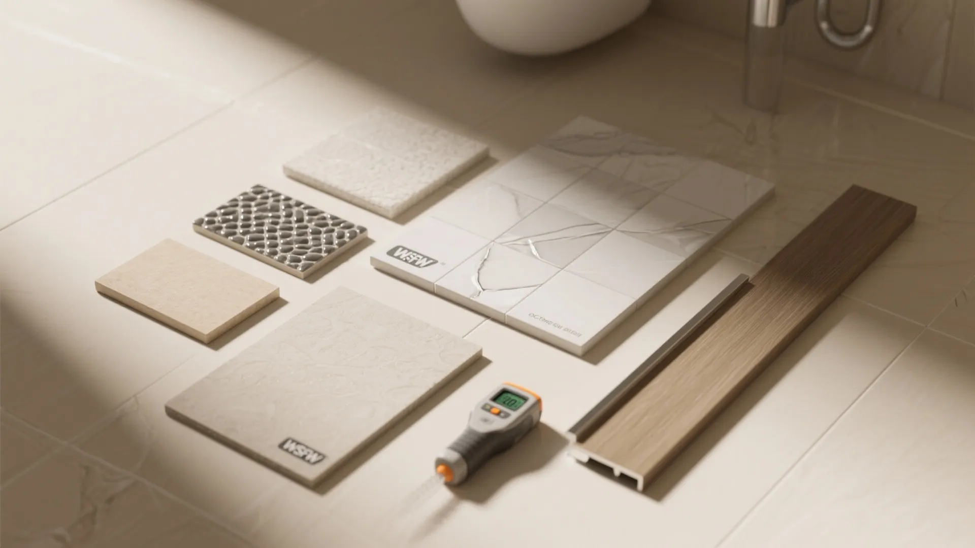 Selection of moisture resistant bathroom floor tiles and wood samples with a digital humidity meter