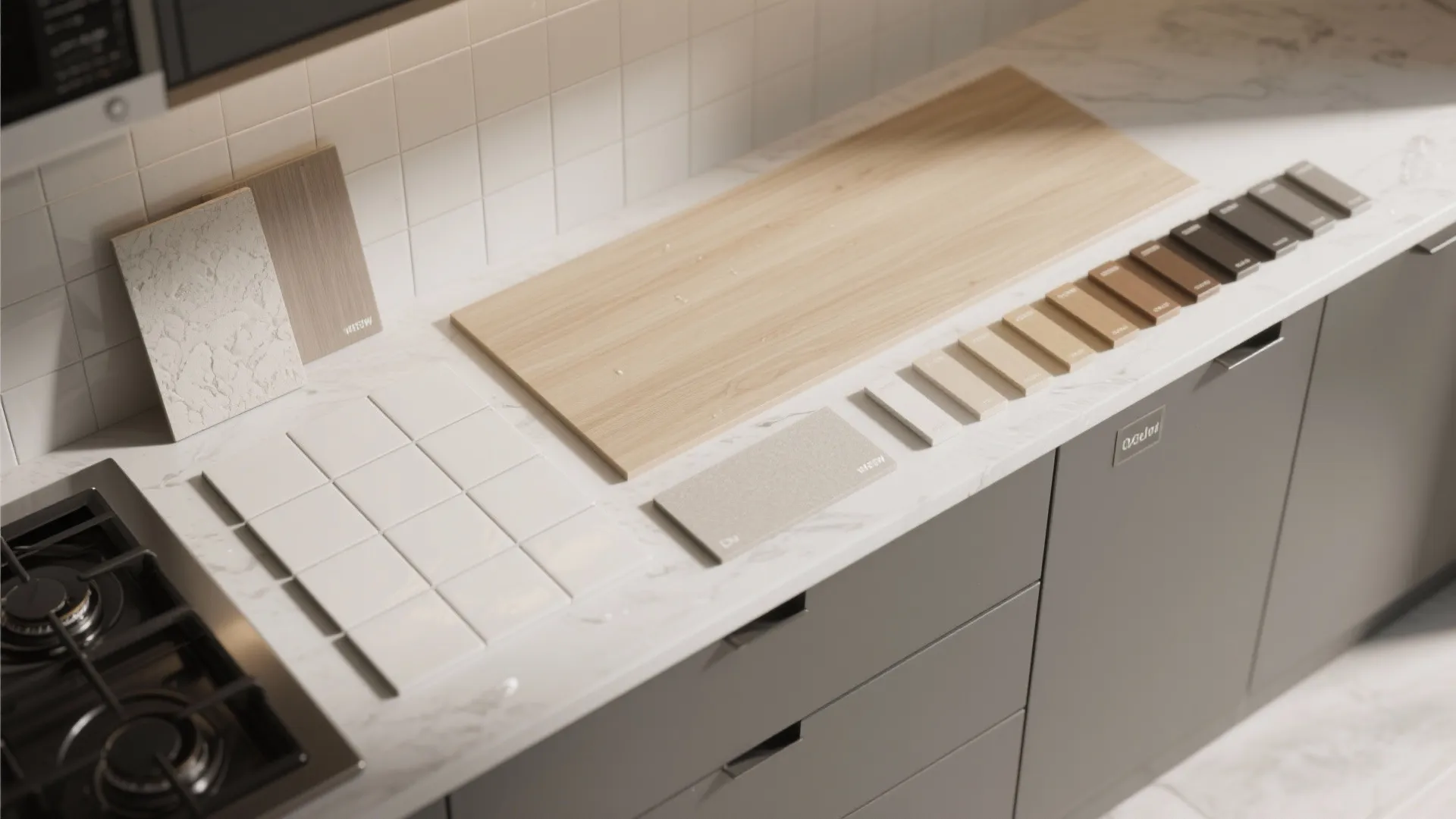 Kitchen countertop showing various material samples including wood boards white tiles and grey color swatches