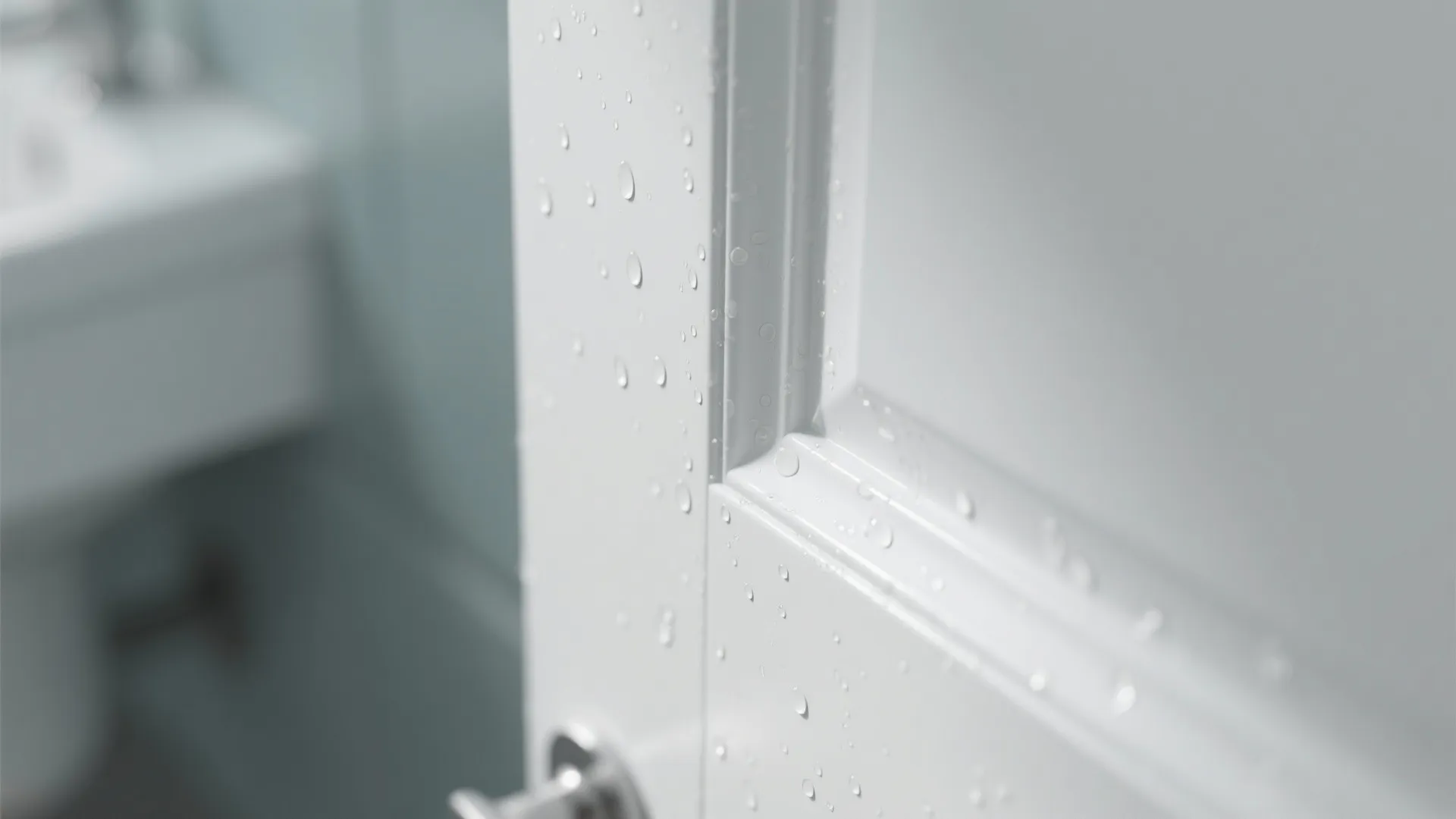 Water droplets on white moisture resistant door trim inside a bright and modern clean bathroom