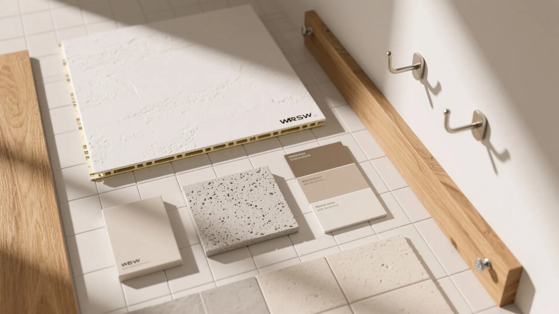 Interior design material board with white wall panel samples stone tiles and light wood accents