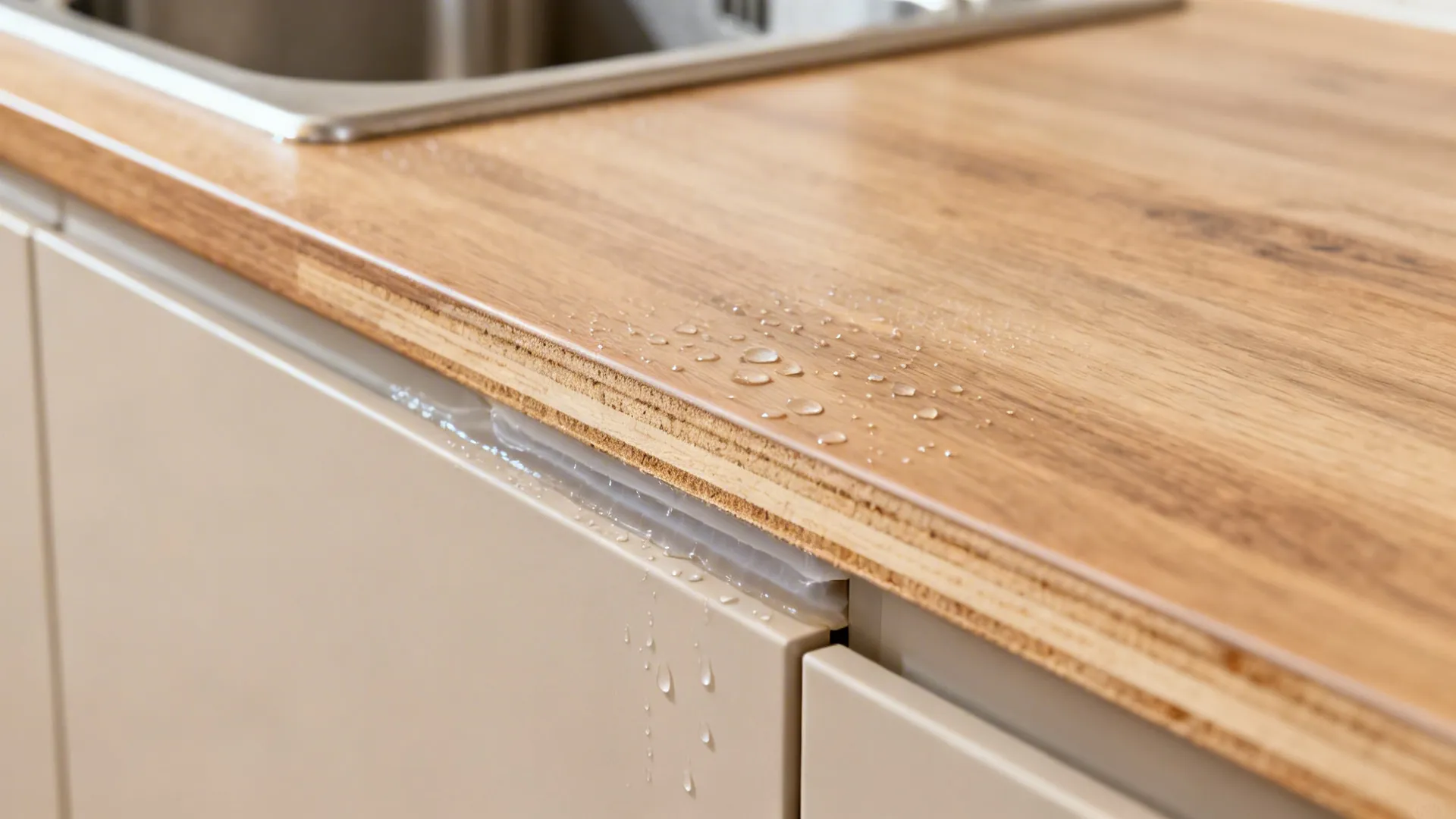 Macro of moisture-resistant cabinet edge with PVC banding and matte laminate front.