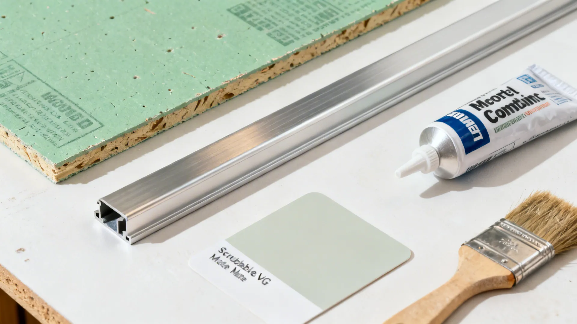 Flat lay of MR gypsum board, joint compound, LED profile, and scrubbable paint.