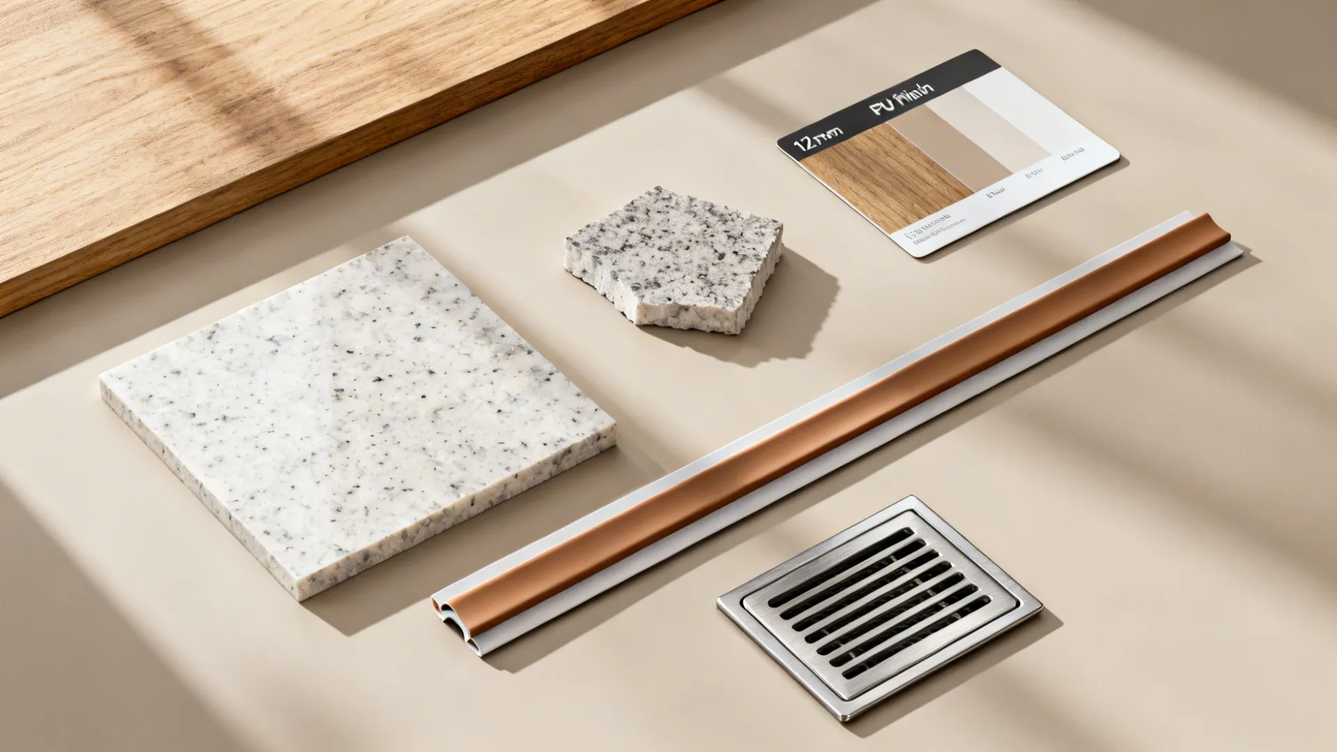 Flat lay of compact laminate, quartz, PU finish, edge banding, and baffle filter for moisture-smart kitchens.
