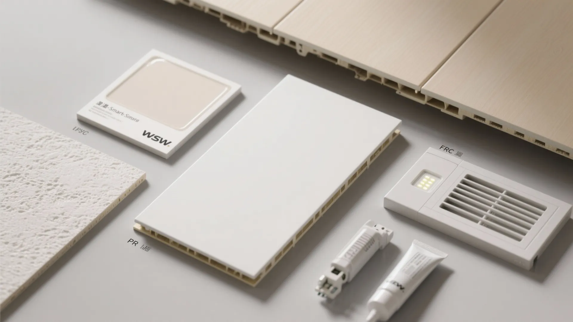 Various home building materials including white wall panels and wood flooring samples on flat surface