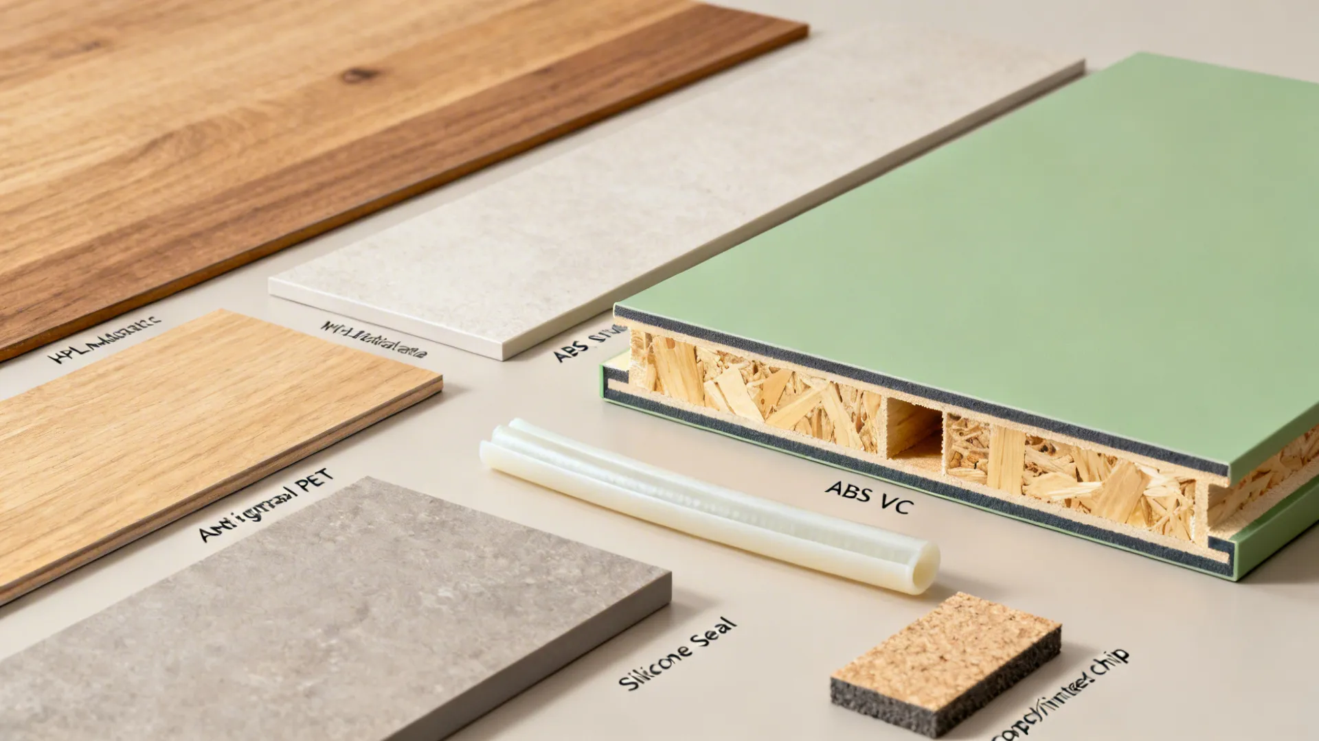 Flat lay of HPL and PET finishes, plywood with edge banding, silicone sealing, and compact surface chips.