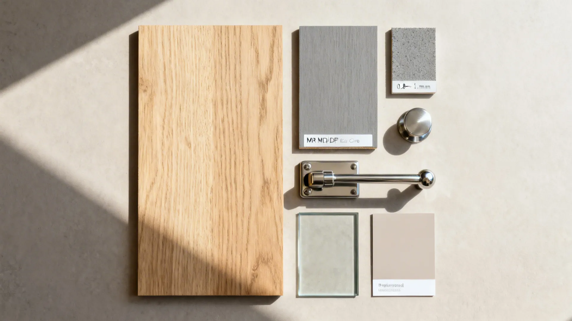 Material flatlay with light oak veneer, warm grey matte laminate, MR core, stainless hardware, and glass.