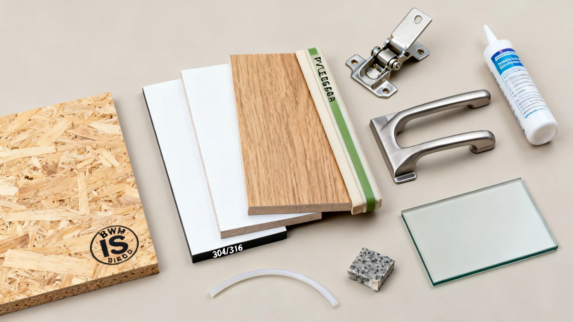 Flat lay of BWP plywood, laminate swatches, PVC edges, stainless hardware, tempered glass, and stone sample.