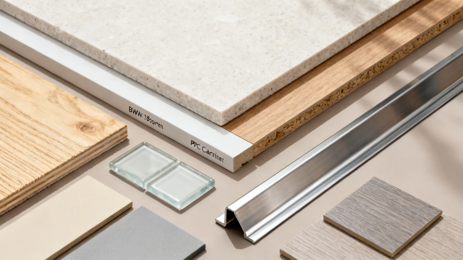 Flat lay of quartz, BWP plywood, PVC carcass panel, stainless skirting, satin glass, and matte laminates.