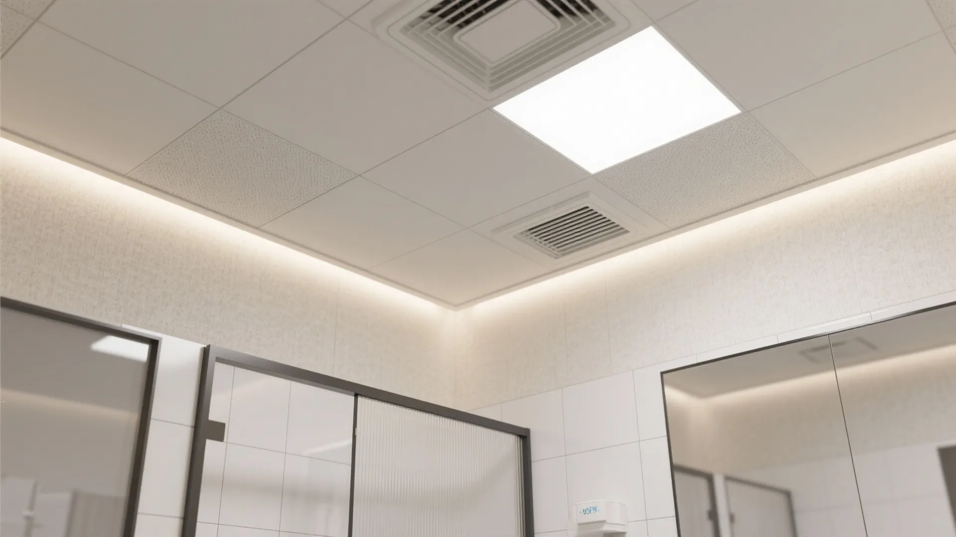 Modern bathroom with PVC ceiling, vent grille, and acoustic treatment.