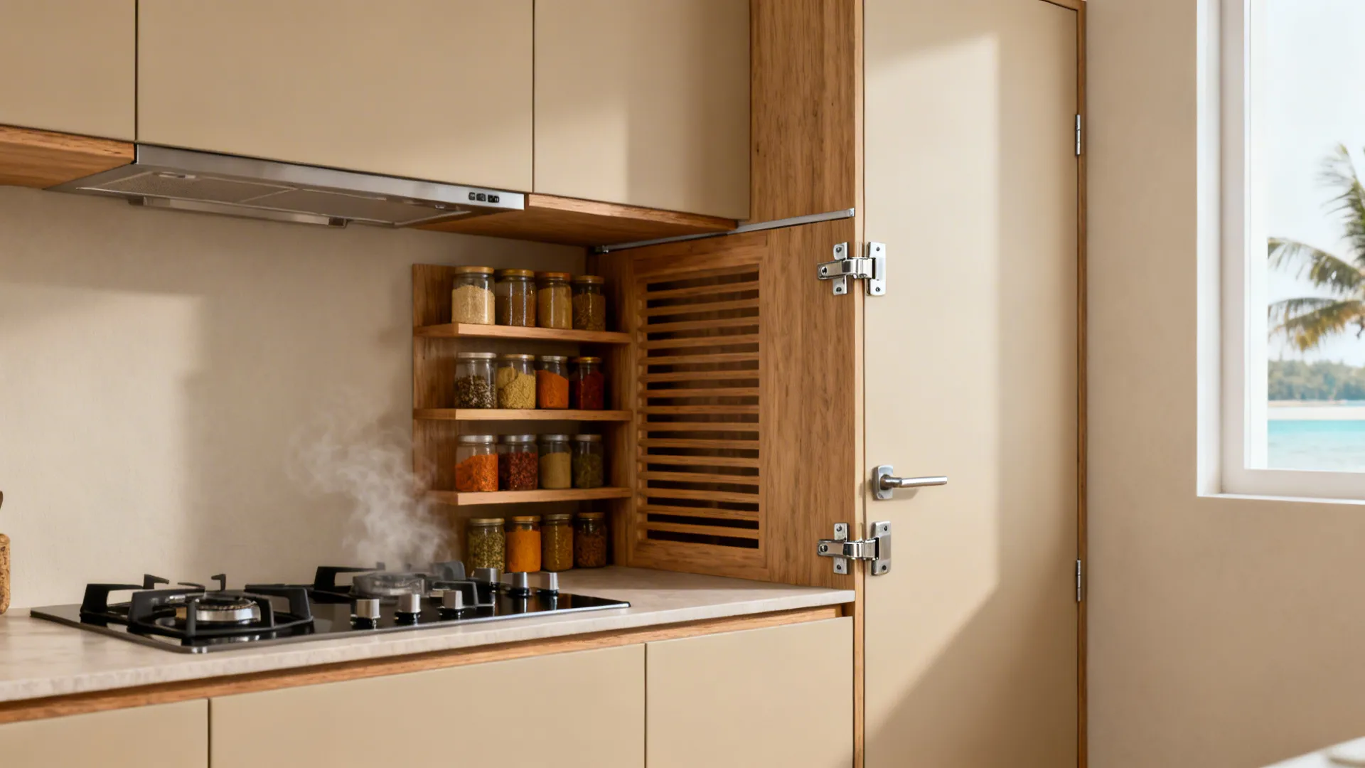 Moisture-proof cabinets with matte laminate and ventilated open shelves in a small Kerala kitchen.