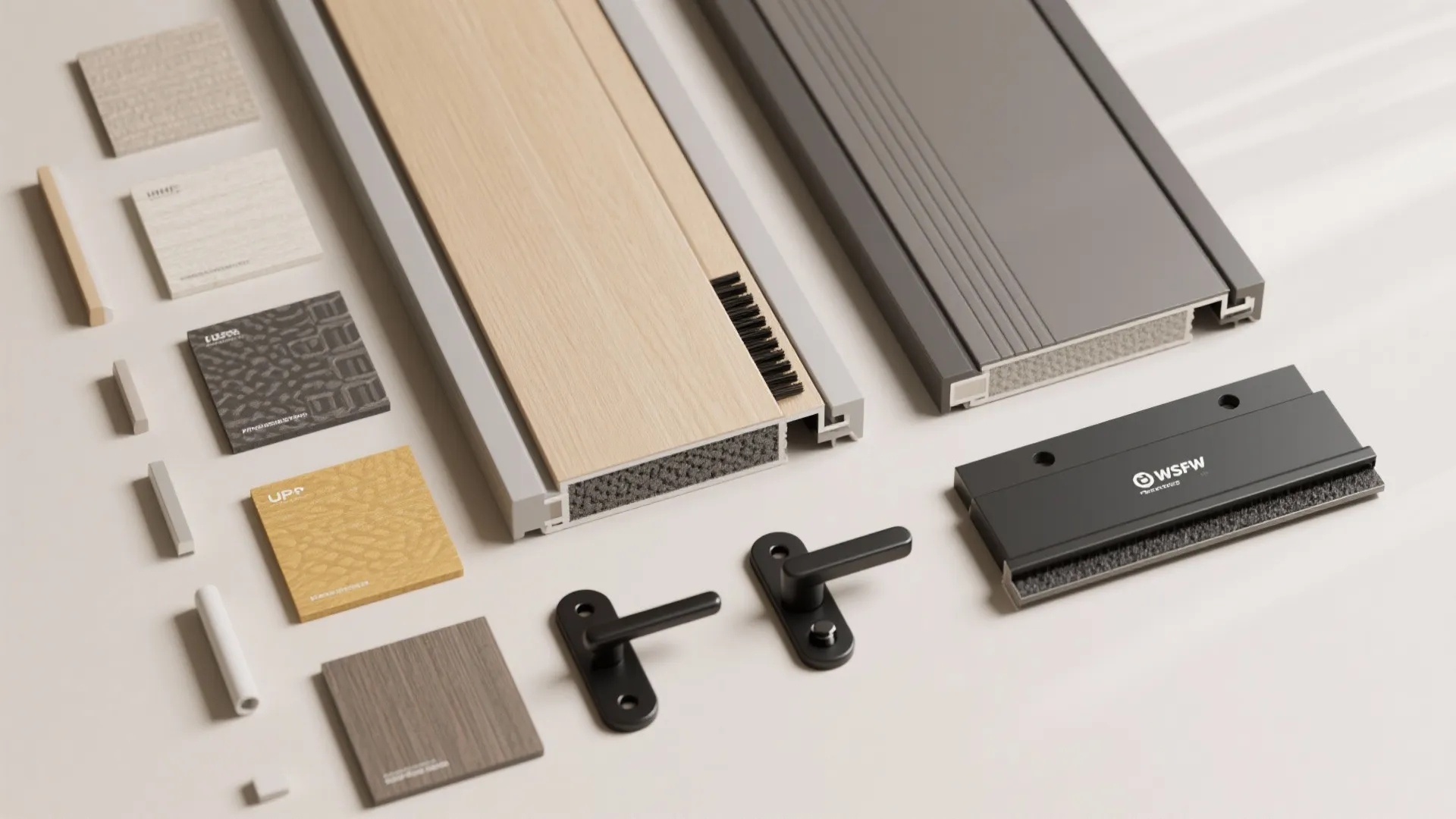 Display of door material samples, metal frames, black handles, and various wood finish color tiles