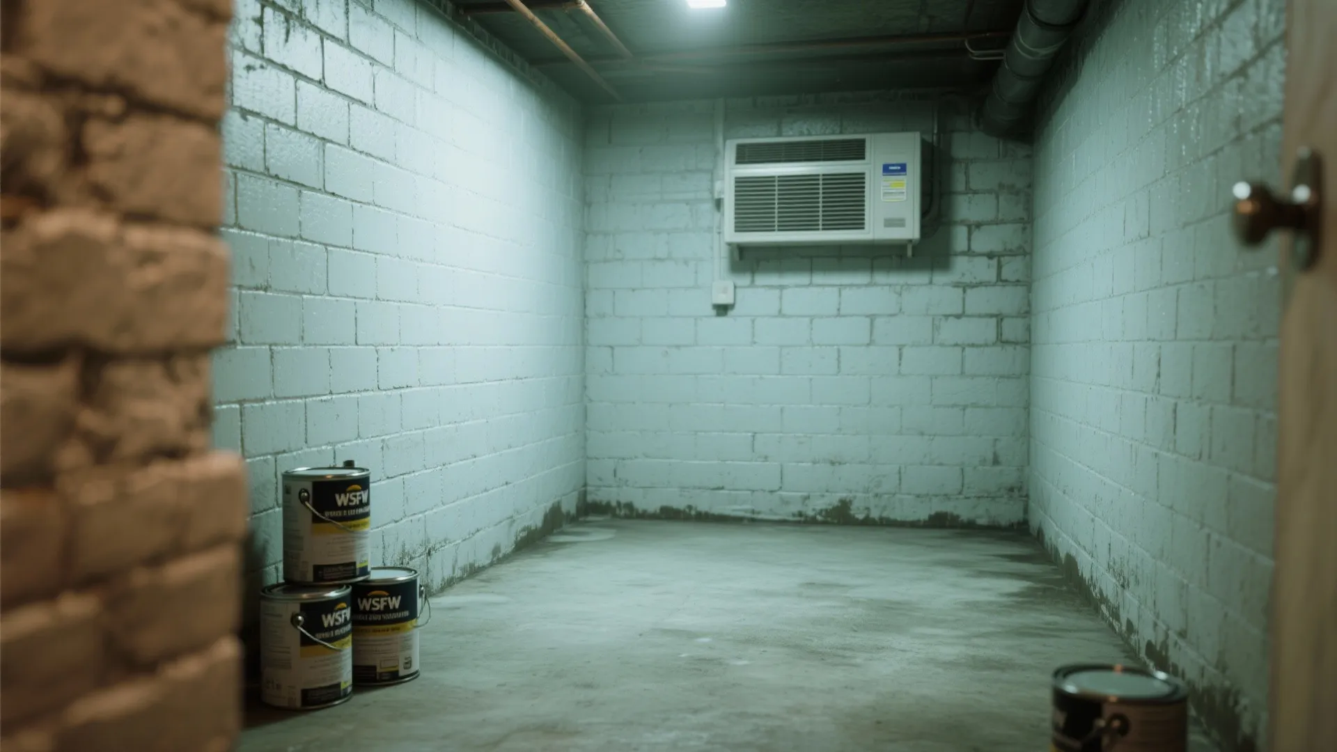 Basement corner with moisture-resistant masonry paint and a dehumidifier, showing waterproofed painted block walls.