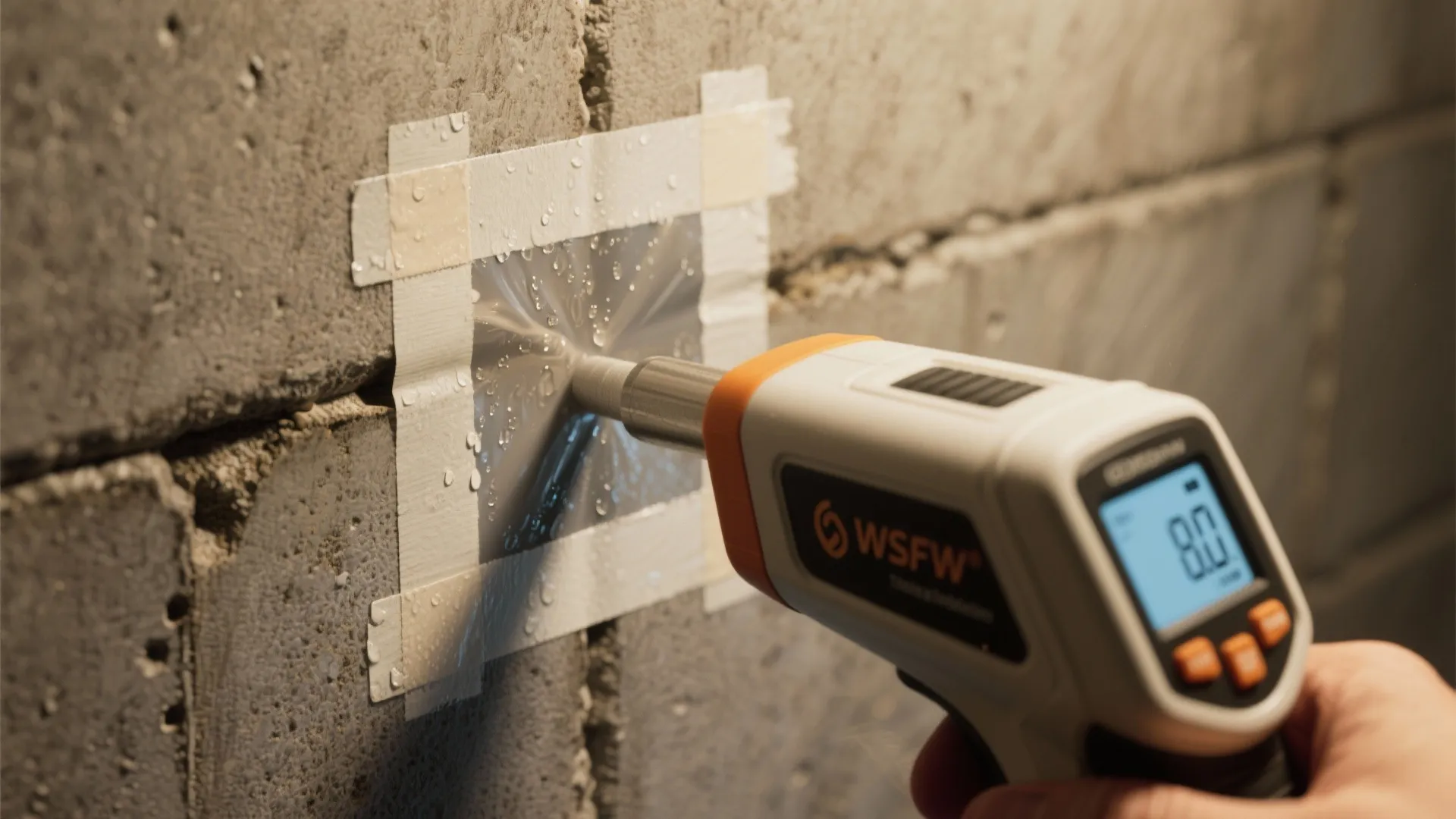 Hand holding digital moisture meter tool to measure water levels on a basement concrete block wall