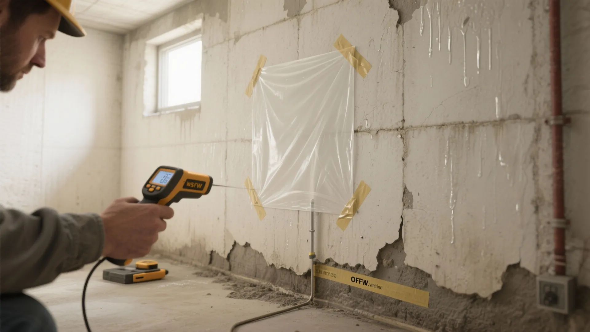 Worker using digital meter to check wall moisture near plastic sheet on an unfinished basement wall