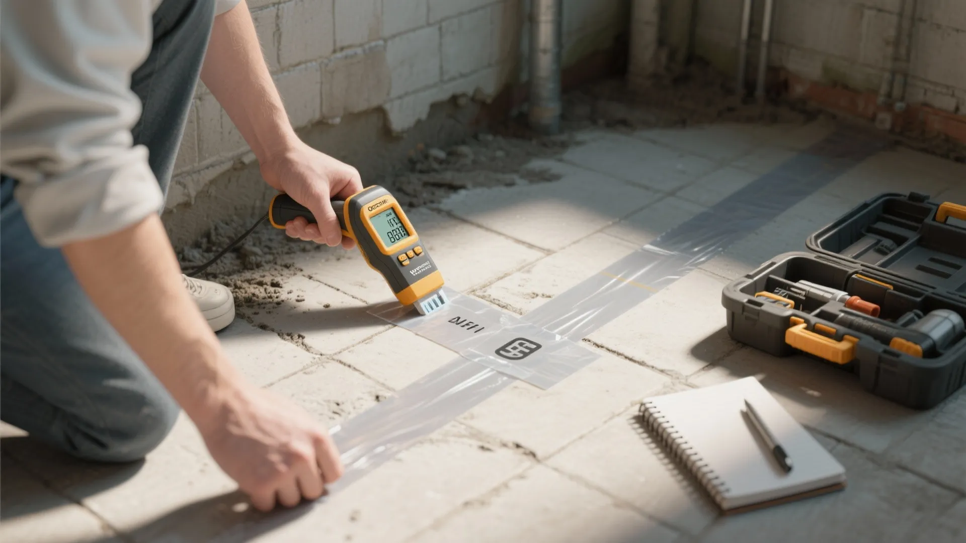 Person uses a yellow moisture meter tool on a concrete floor near a tool box