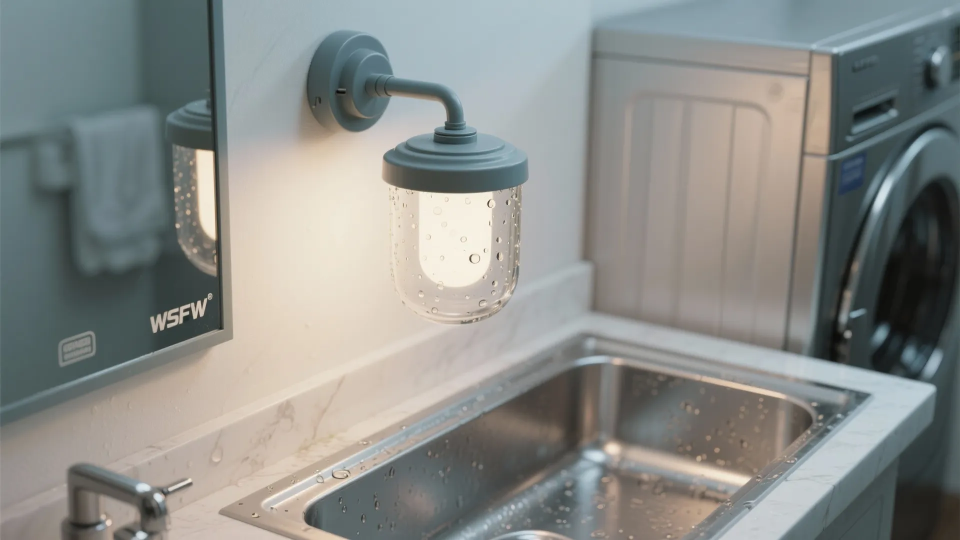 Grey wall light with water droplets above a stainless steel sink in a modern laundry room