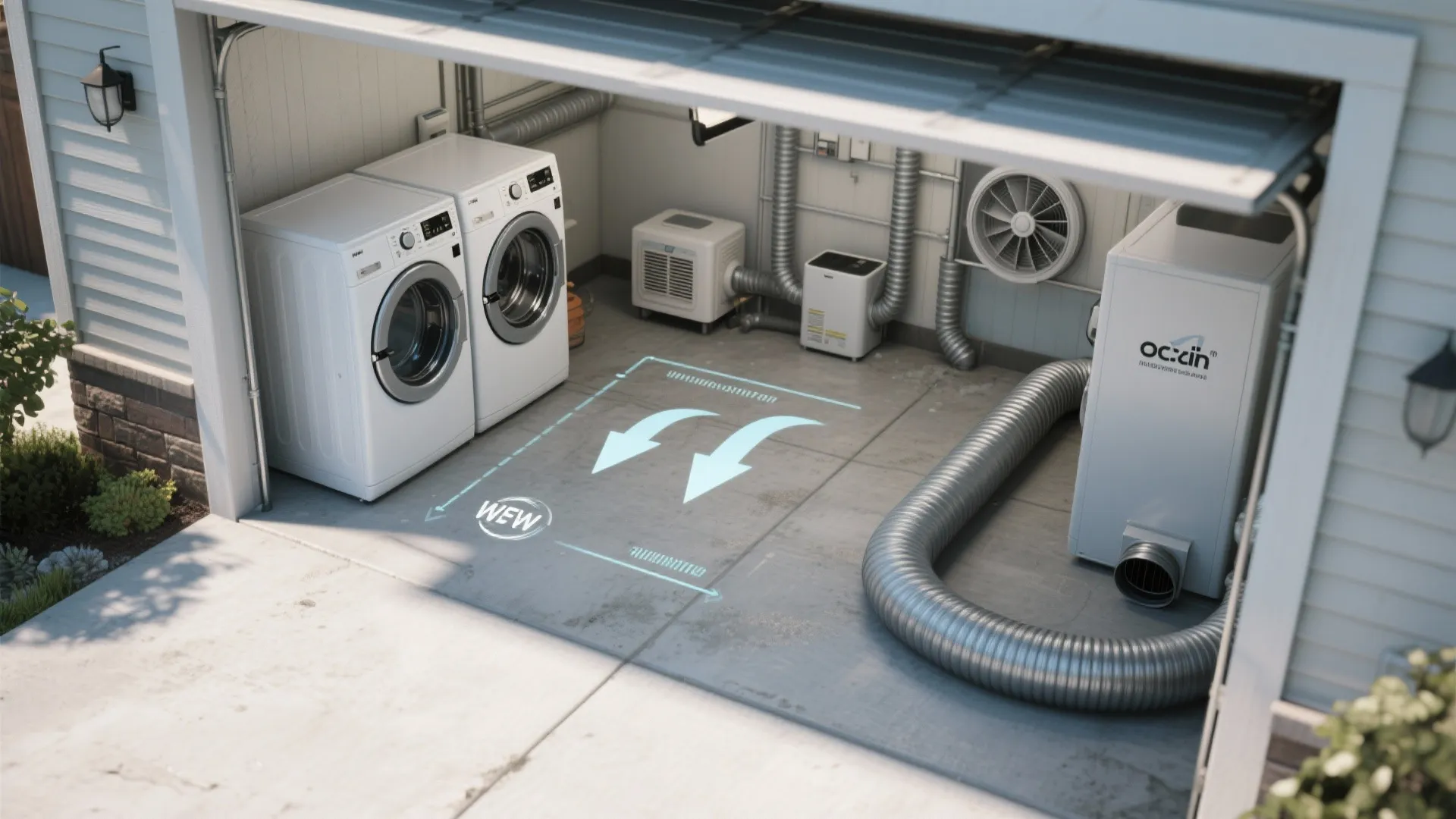 Garage ventilation system with air ducts fan washing machine and arrows showing air flow path design