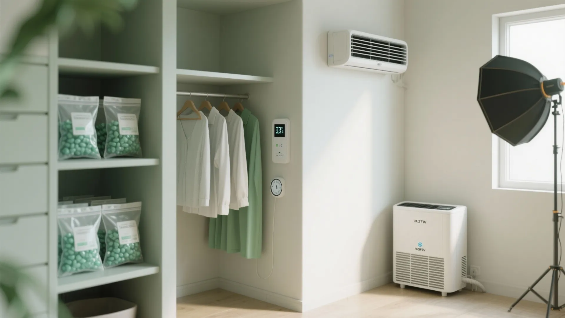 Clean white closet area with hanging clothes, shelves, wall air conditioner, and portable floor dehumidifier