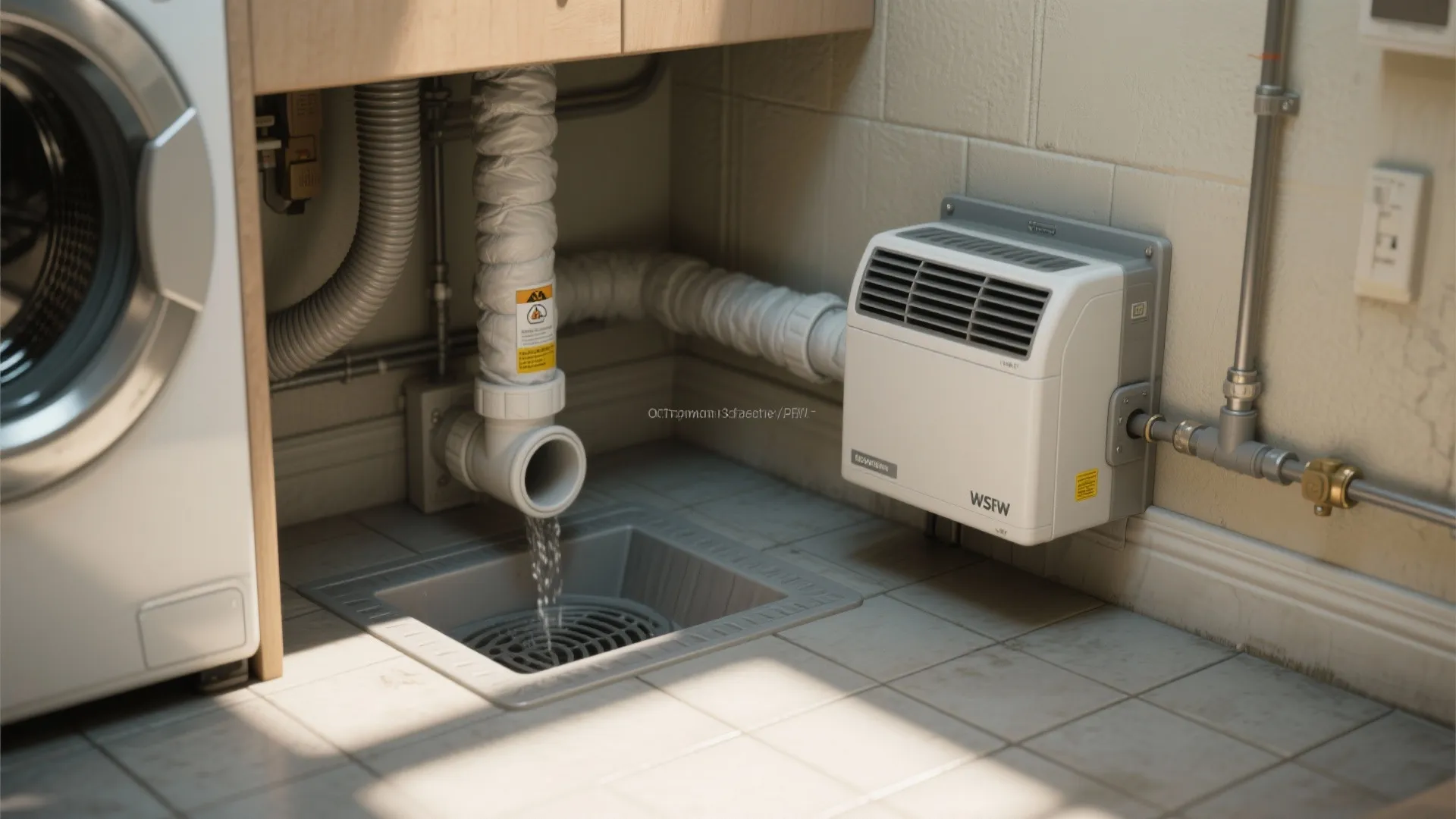 Laundry room drainage system with water flowing into floor drain near white wall mounted box