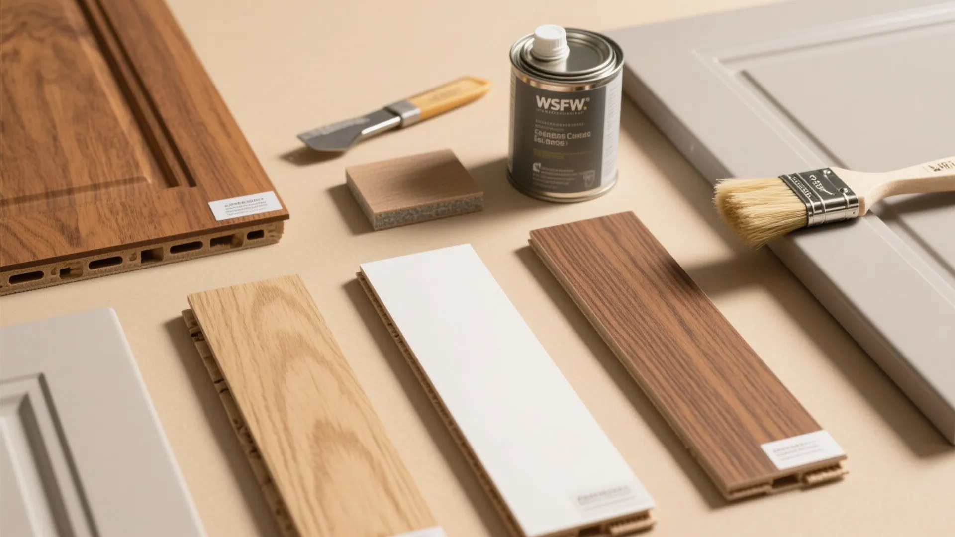 Top-down flat lay of wood veneers and finishing tools for moisture-ready bathroom doors.