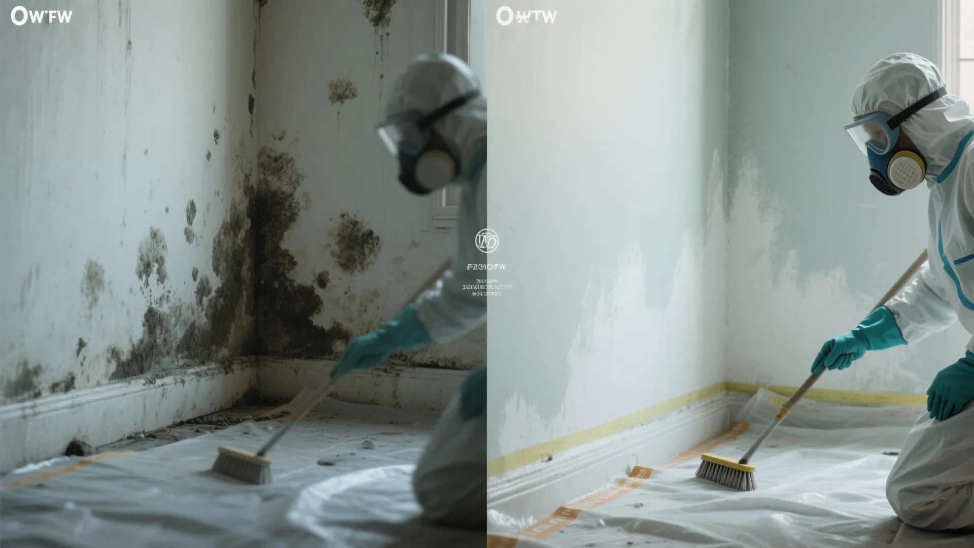 Comparison of worker cleaning dark moldy wall and a clean wall after painting and fixing