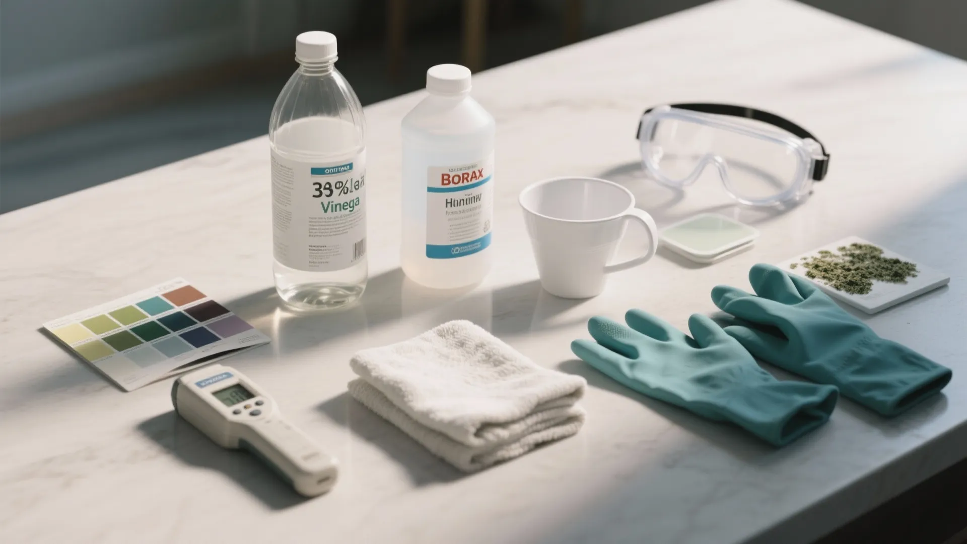 Cleaning supplies including vinegar borax gloves and safety glasses arranged on a white marble table