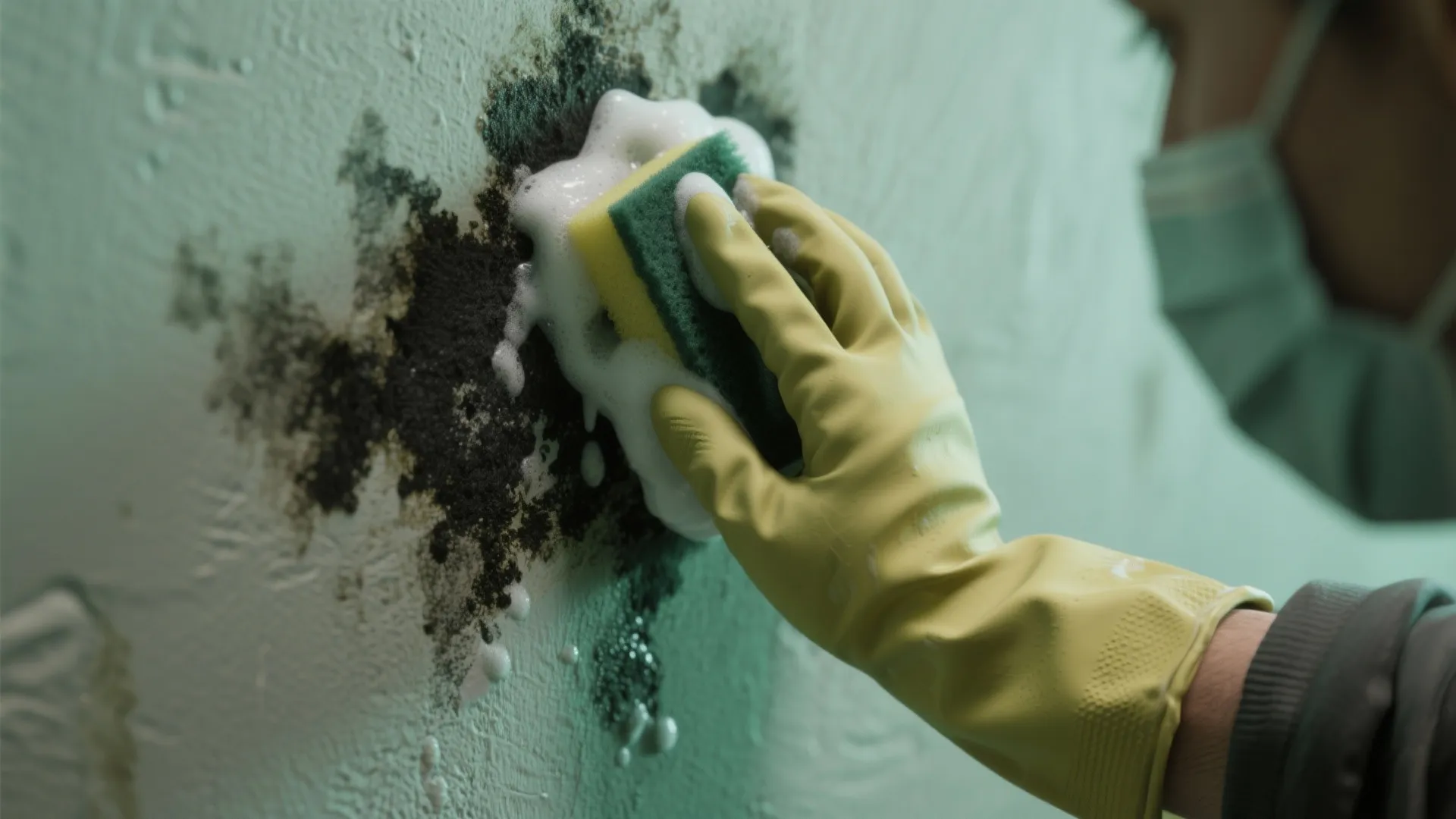 A hand wearing a yellow rubber glove uses a soapy sponge to clean black mold