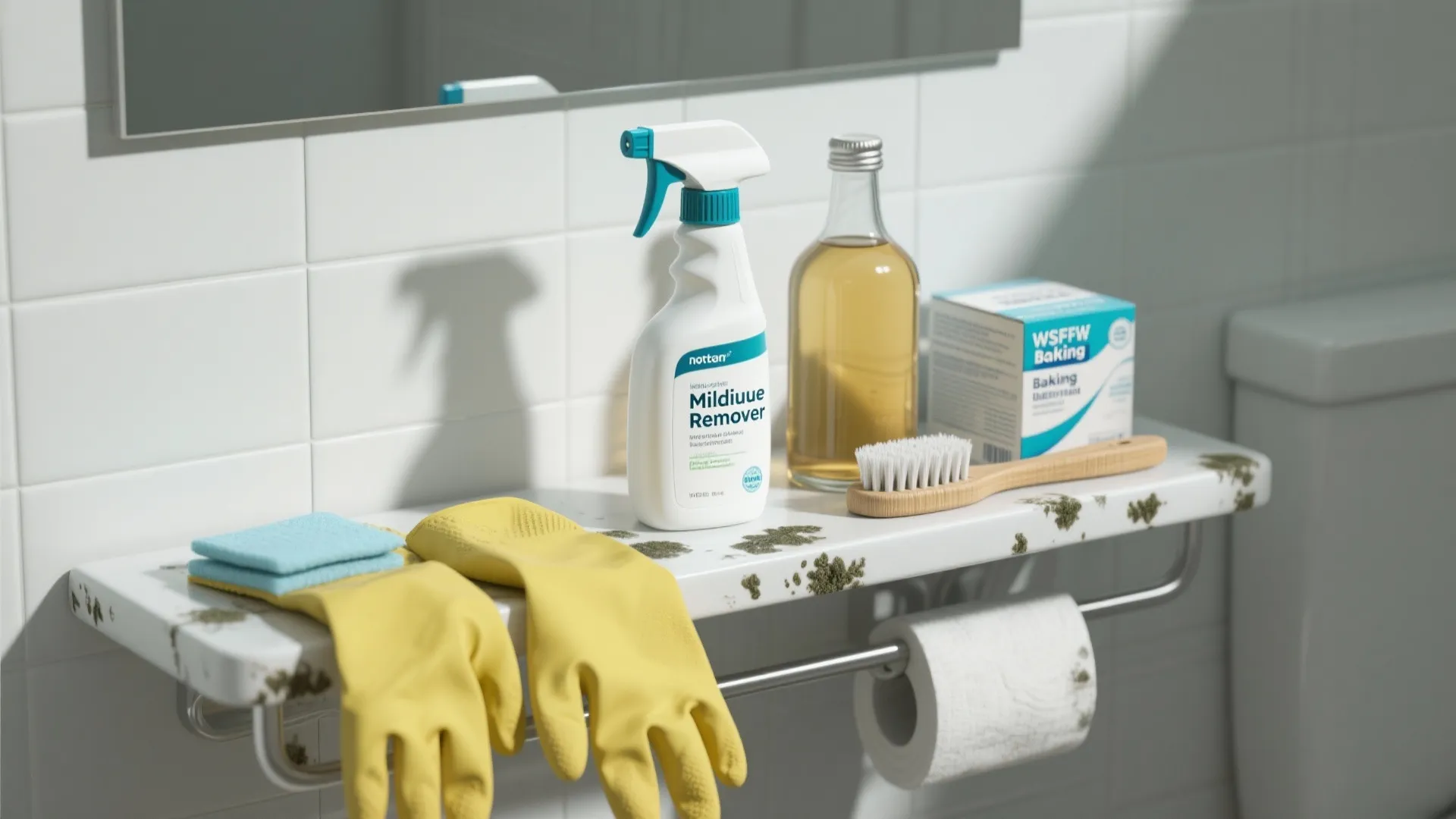 Cleaning supplies with mold remover spray yellow rubber gloves brush and sponge on bathroom shelf