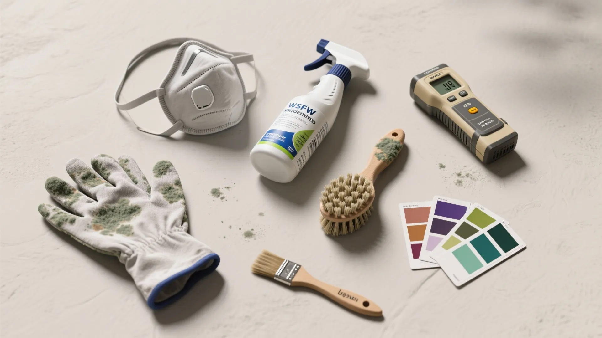 Cleaning tools including face mask spray bottle brush gloves and color swatches for home renovation