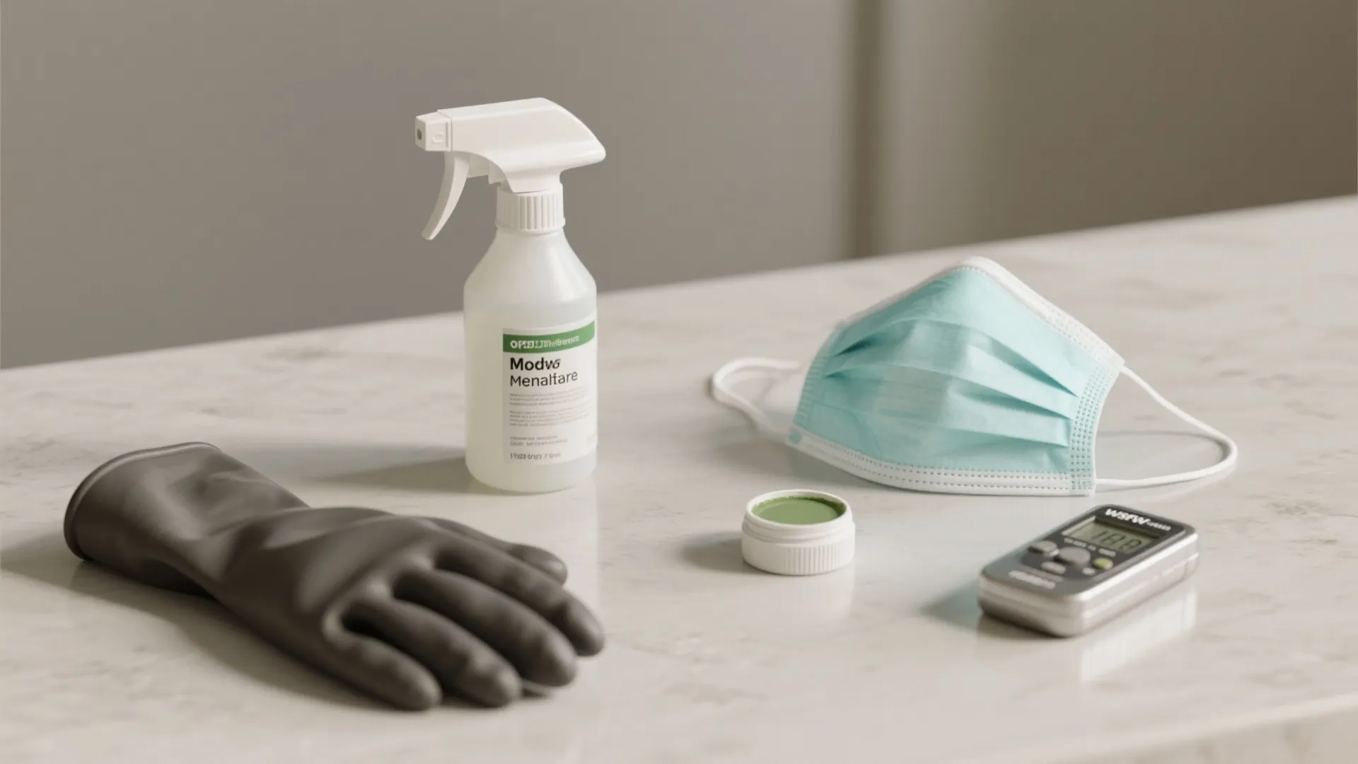 Cleaning safety supplies with spray bottle black rubber glove face mask and digital testing tool