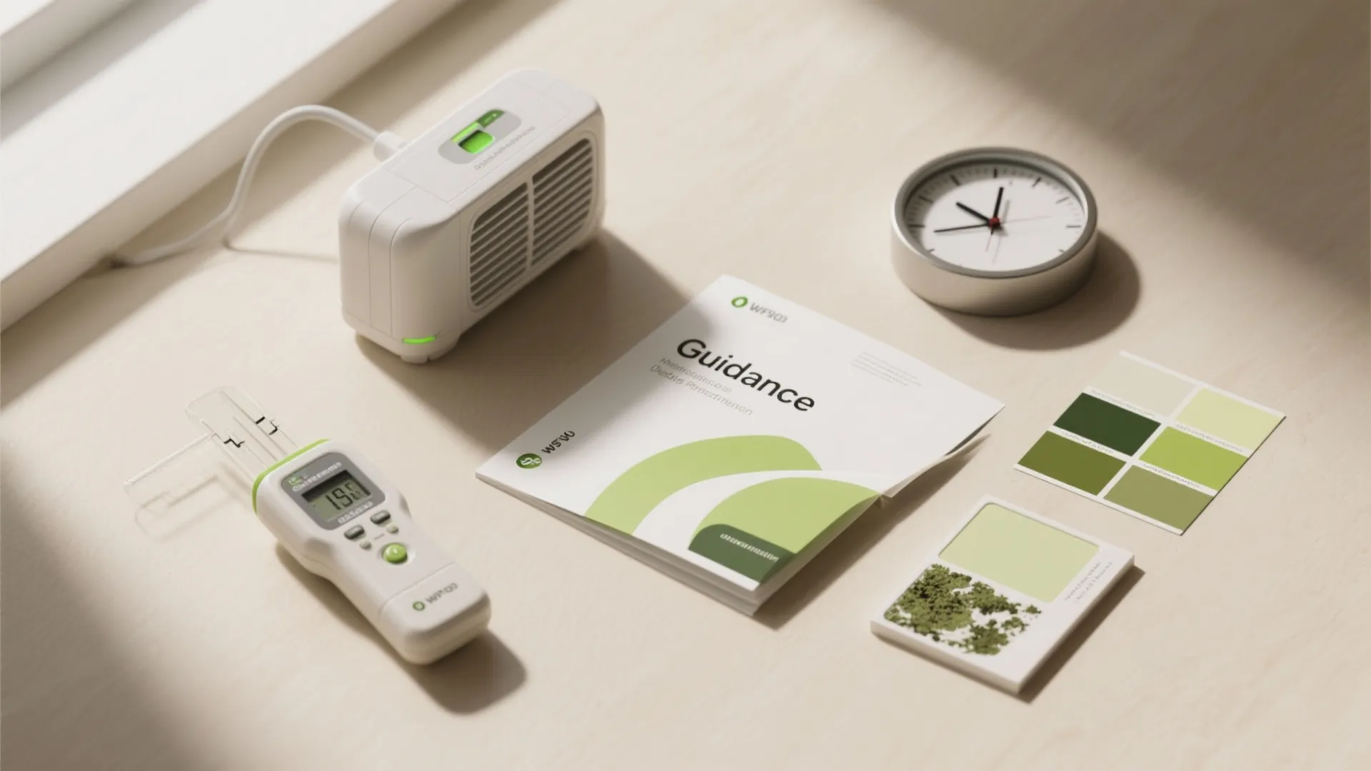 Flatlay of a humidity meter, dehumidifier, a guidance booklet, a clock for ventilation timing, and paint swatches for mould prevention.